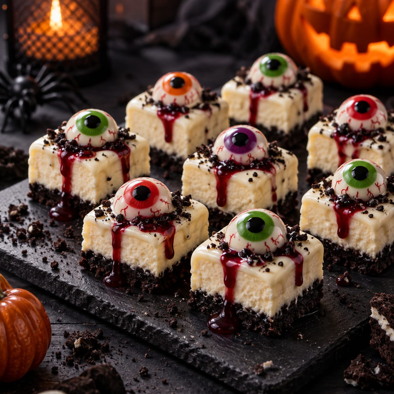 Cremige Cheesecake-Würfel auf dunklem Oreo-Brownieboden mit roter Sauce, Oreo-Krümeln und großen bunten Monster-Augen