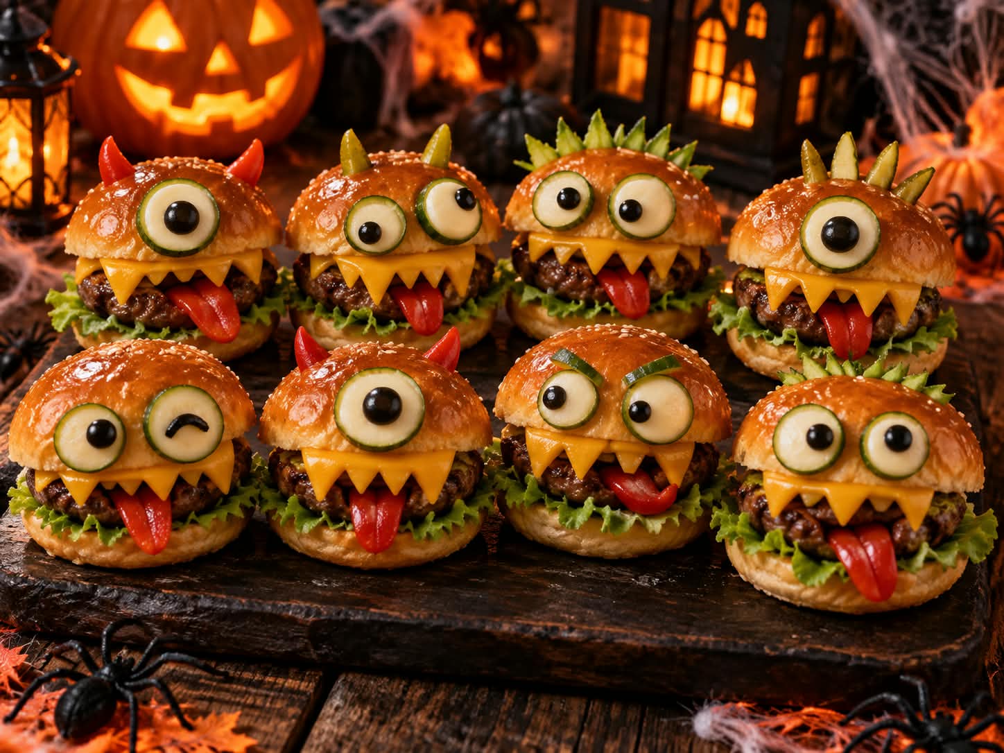 Acht kleine Halloween-Monsterburger mit glänzenden Sesambrötchen, saftigen Rinderhack-Patties, gewelltem Blattsalat, gezackten Cheddarzähnen, roten Paprikazungen, roten und grünen Hörnern sowie unterschiedlich gestalteten Gurken-Mozzarella-Augen