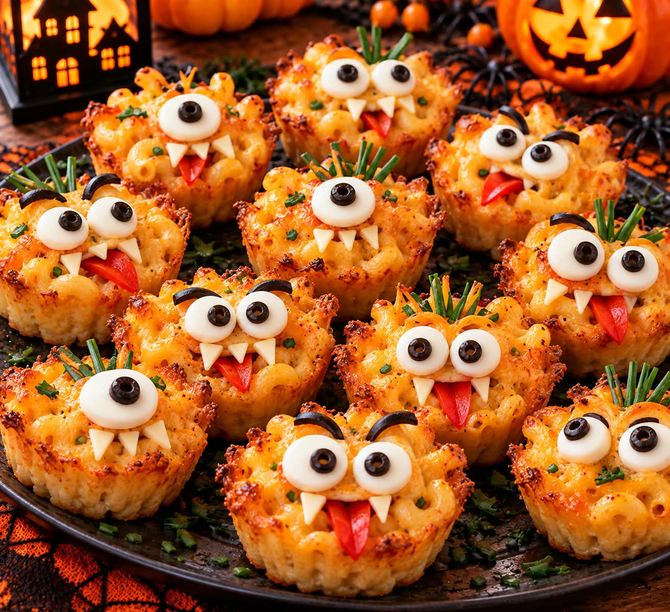 Goldbraune Halloween-Mac-and-Cheese-Cups mit sichtbaren Hörnchennudeln, hochstehenden knusprigen Nudelspitzen, unterschiedlich angeordneten Mozzarellaaugen, schwarzen Olivenringen, weißen Käsezähnen, roten Paprikazungen, aufrechten Schnittlauchhaaren und feinen grünen Schnittlauchröllchen
