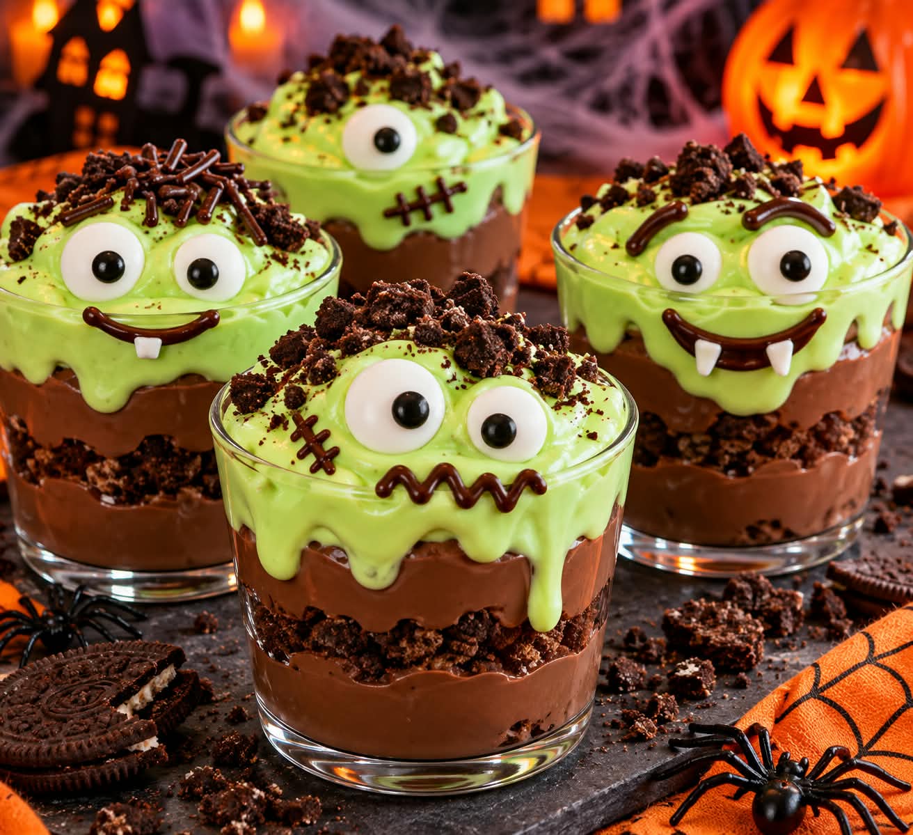 Halloween-Monster-Puddingbecher mit zwei Schokoschichten, einer dunklen Keksschicht, grüner Vanillecreme und unterschiedlichen Gesichtern aus Zuckeraugen und Schokolade