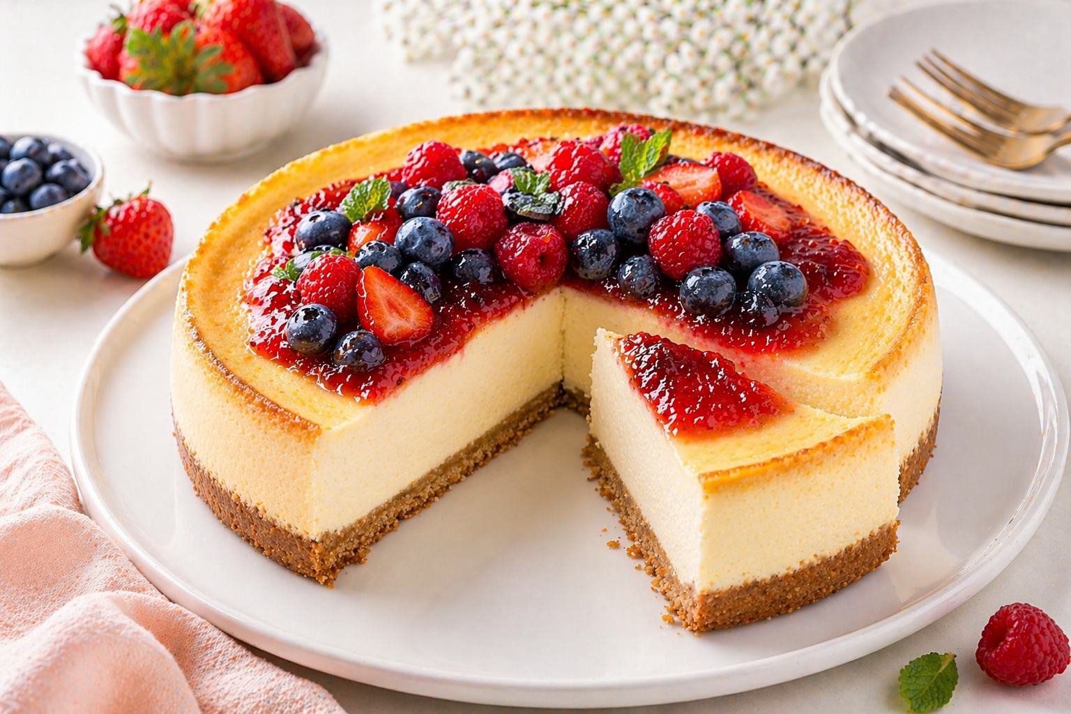 Angeschnittener New York Cheesecake mit knusprigem Keksboden, cremiger heller Füllung, rotem Erdbeer-Fruchtspiegel, Erdbeeren, Himbeeren, Blaubeeren und Minze