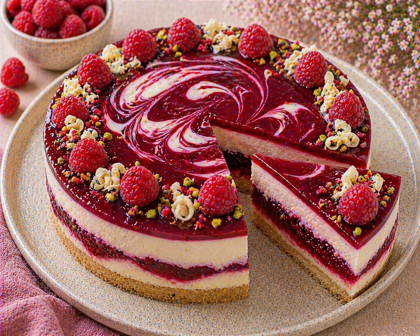 No-Bake Himbeer-Quark-Cheesecake mit goldbraunem, fein körnigem Boden, zwei hellen Cremeschichten, fruchtiger Himbeerschicht, Himbeerspiegel, hellem Swirl, Himbeeren, Pistazien und weißen Schokoladenlocken
