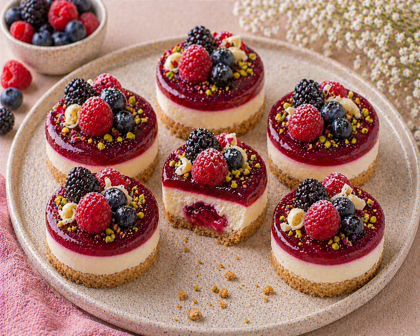 Sechs Mini Beeren-Cheesecakes mit Himbeerspiegel und Beeren; ein angeschnittenes Törtchen zeigt den roten Himbeerkern.