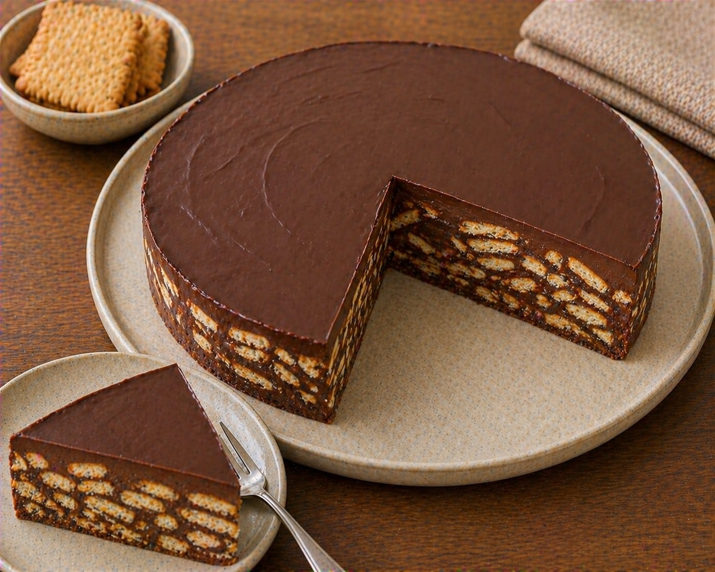 Runder Schoko-Keks-Kuchen mit glatter dunkler Ganache und mehreren sichtbaren Butterkeks-Schichten im Anschnitt