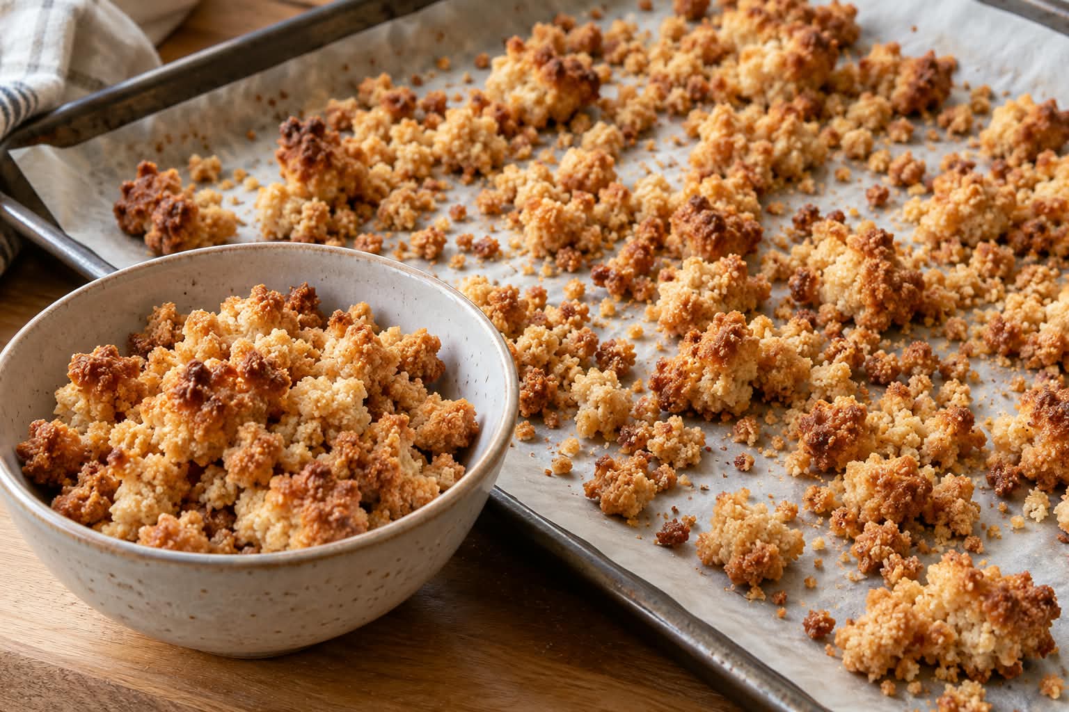 Goldbraun gebackene Nussbutter-Streusel auf einem mit Backpapier belegten Blech und in einer Keramikschale
