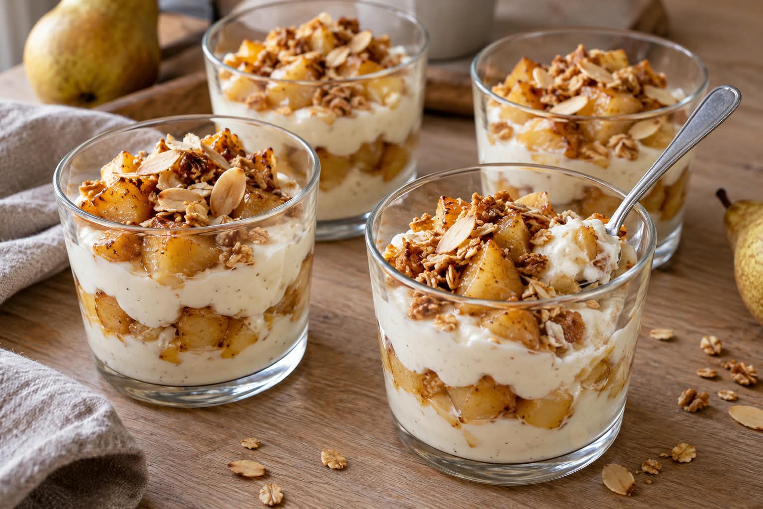 Vier Dessertgläser mit Vanillequark, gebackenen Birnenstücken und Mandel-Hafer-Walnuss-Crunch