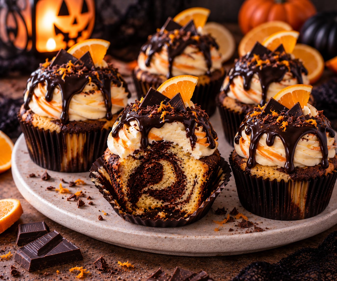 Orange-Vanille-Marmor-Cupcakes mit grober heller und dunkler Marmorierung, hellem Frosting mit orangefarbenen Akzenten, dunklem Schokodrip, Orangenscheiben und Schokostücken.