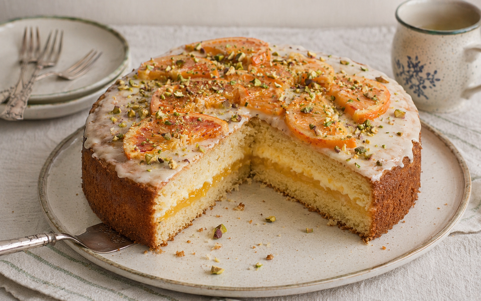 Angeschnittener Orangen-Pistazien-Kuchen mit Orangenfüllung, heller Vanillecreme, Orangenglasur, karamellisierten Orangenscheiben und gehackten Pistazien