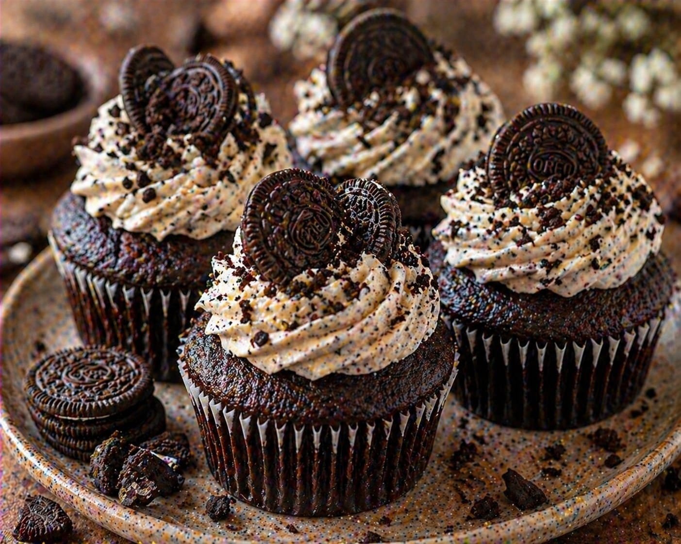 Oreo Schoko Cupcakes mit dunklem Schokoteig, hellem Cookies-and-Cream-Frosting, Oreo-Krümeln und ganzen Oreo-Keksen