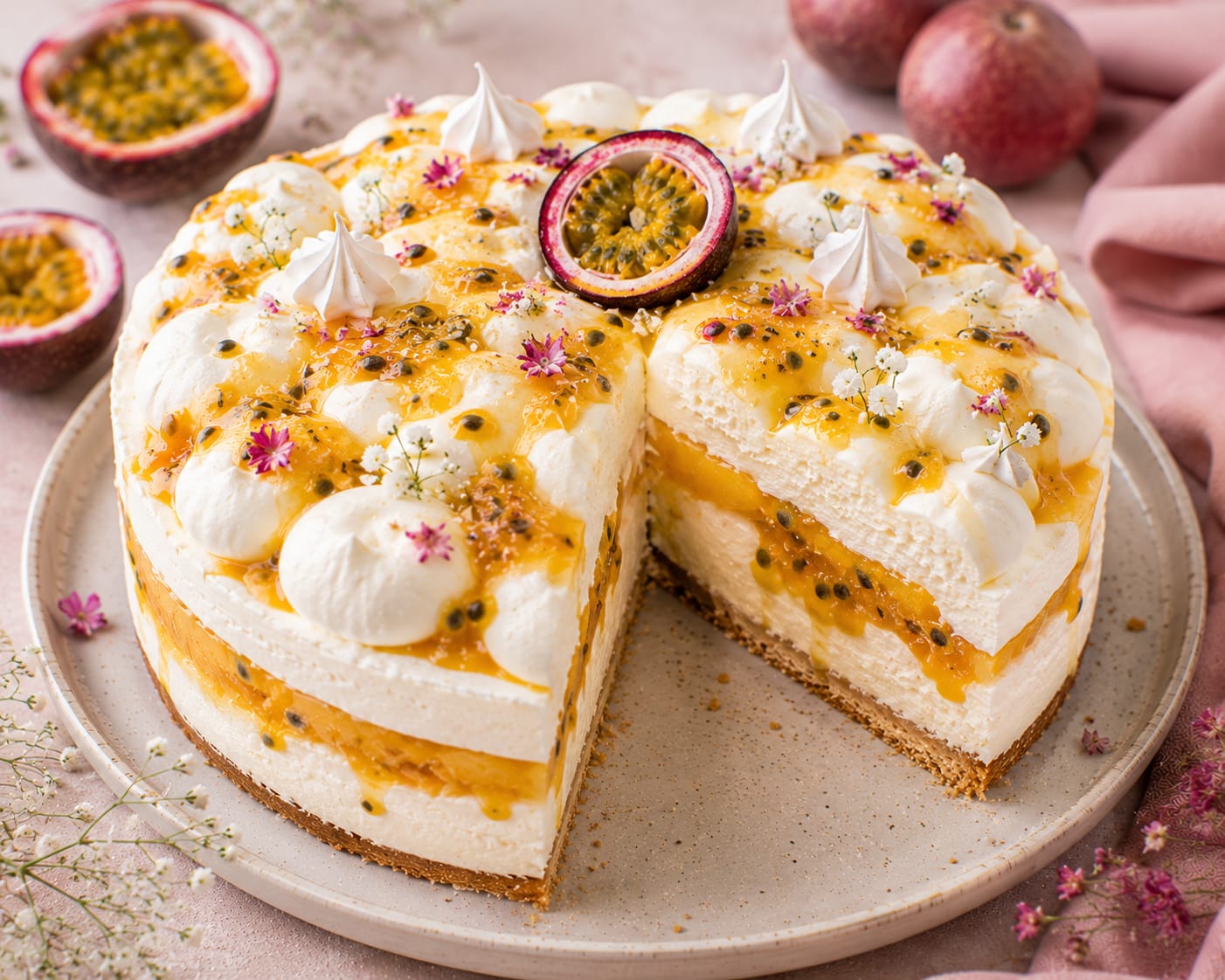 Passionsfrucht-Cheesecake mit dünnem Mürbeteigboden, zwei hellen Cremeschichten, sichtbarer Passionsfruchtfüllung, Sahnetupfen und kleinen Baisers