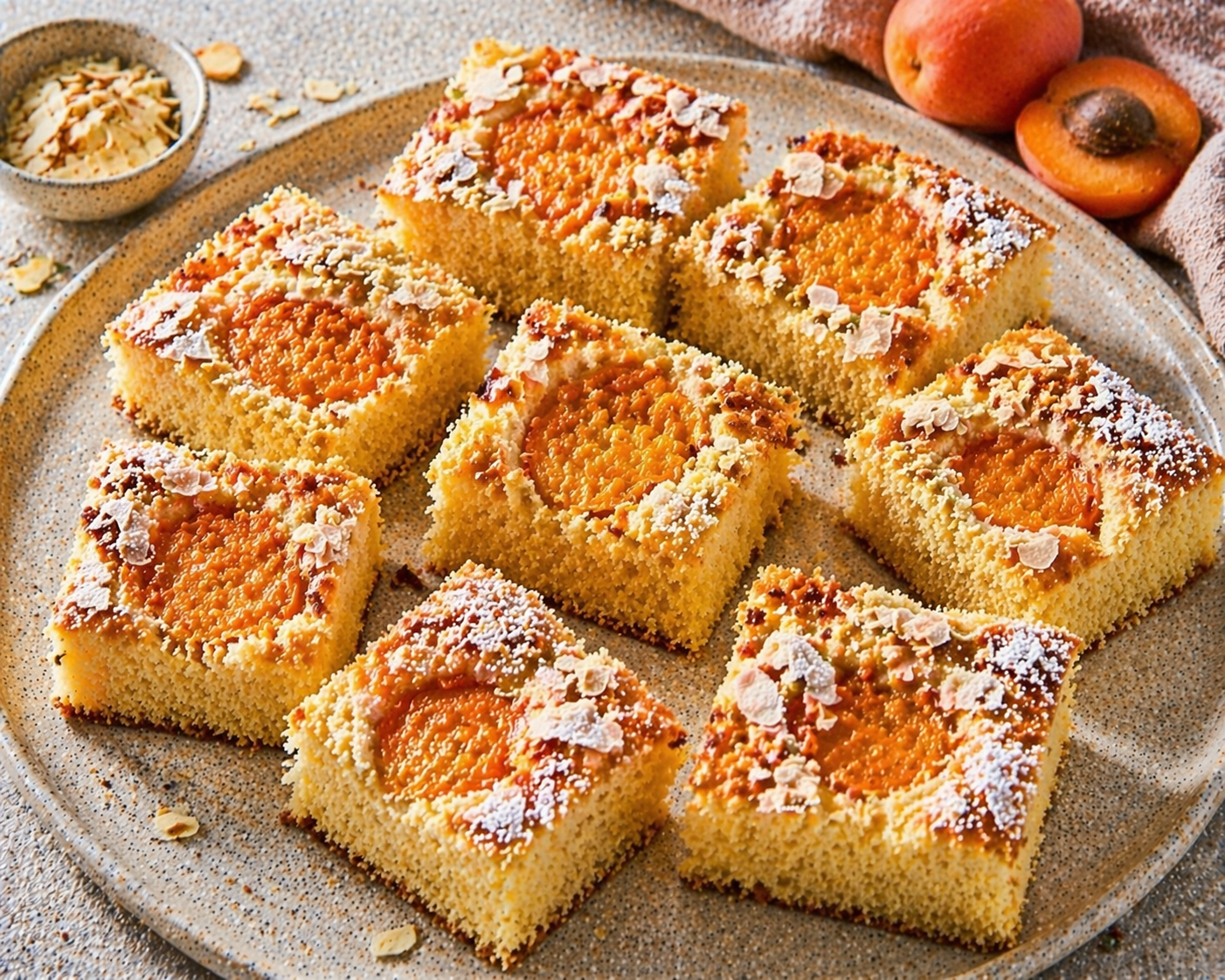 Pfirsich-Mandel-Streuselkuchen vom Blech mit vielen sichtbaren Pfirsichhälften, feinen Streuseln, Mandelblättchen und Puderzucker