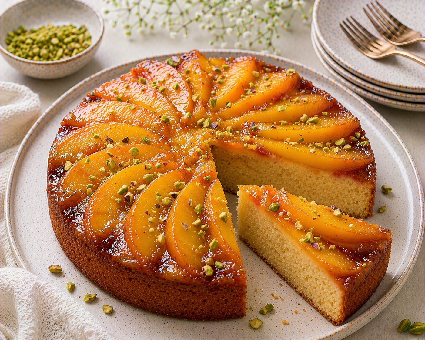 Pfirsich-Pistazien-Upside-Down-Kuchen mit karamellisierten Pfirsichspalten und gehackten Pistazien