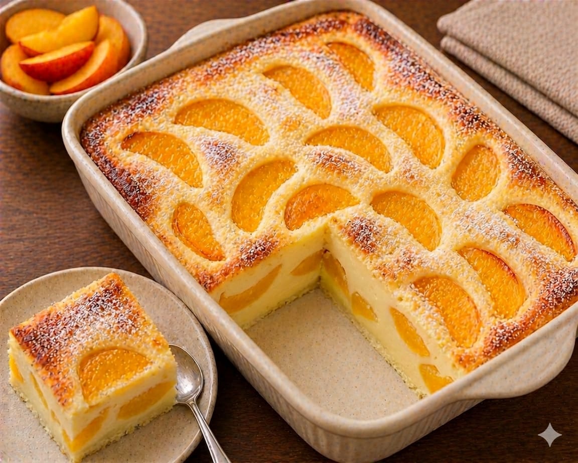 Pfirsich-Quark-Auflauf mit dünnem Boden, goldbrauner Oberfläche, sichtbaren Pfirsichspalten und Puderzucker