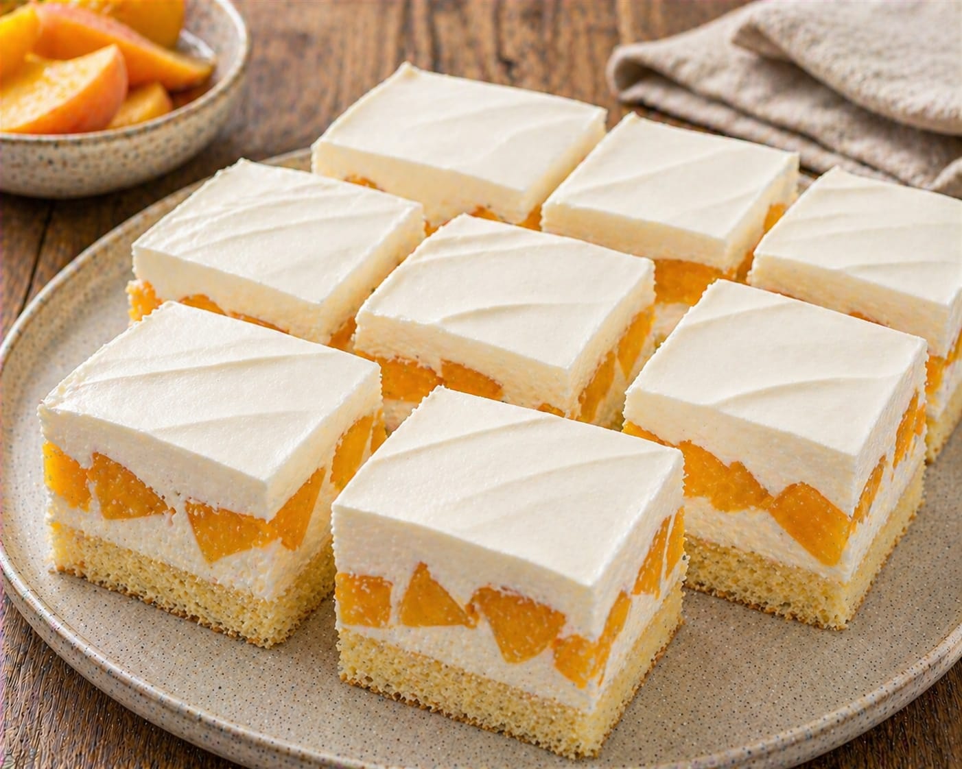 Pfirsich-Sahne-Schnitten mit hellem Biskuitboden, großen Pfirsichstücken und weißer Sahne-Quark-Creme