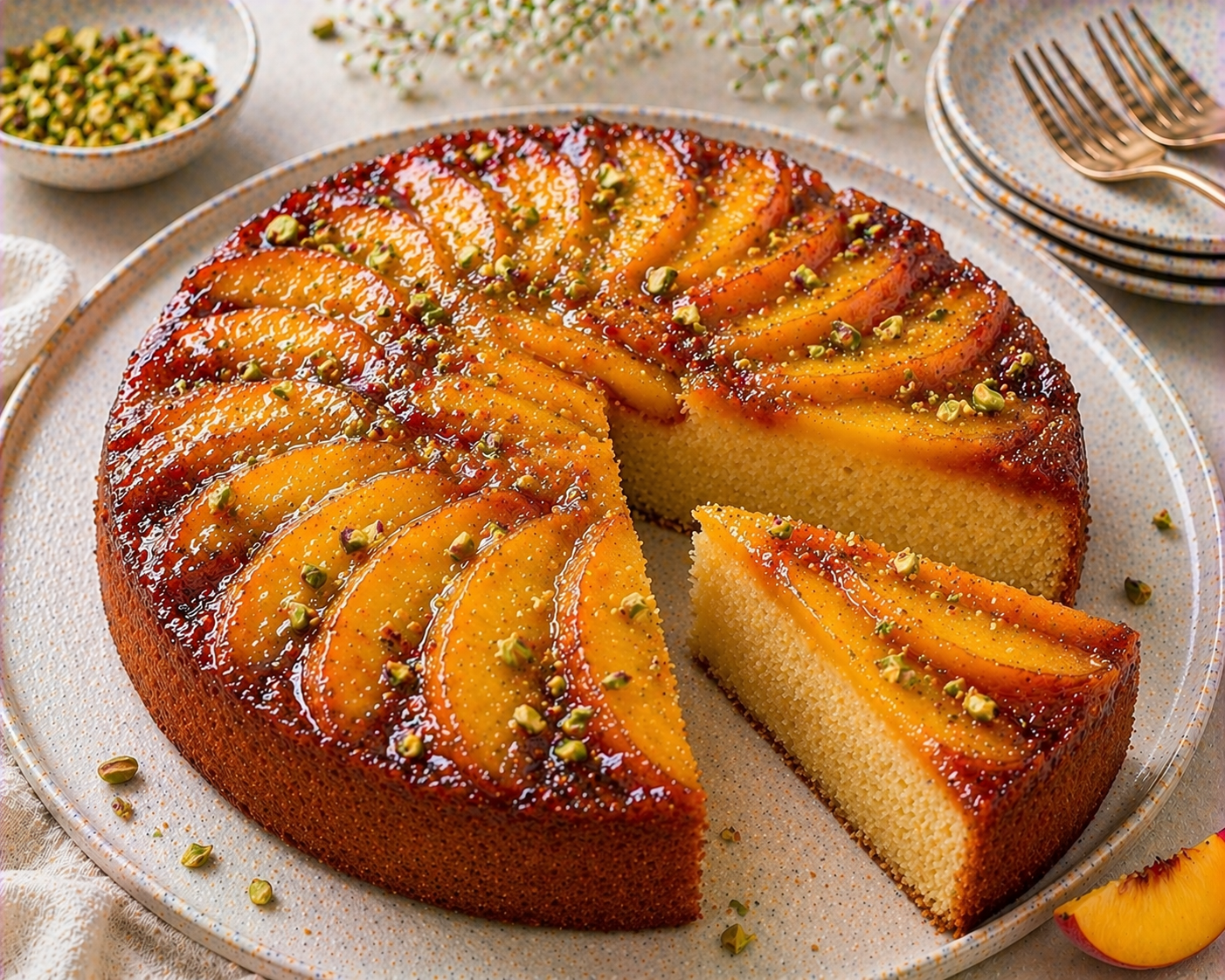 Pfirsich-Upside-Down-Kuchen mit glänzend karamellisierten Pfirsichspalten und gehackten Pistazien