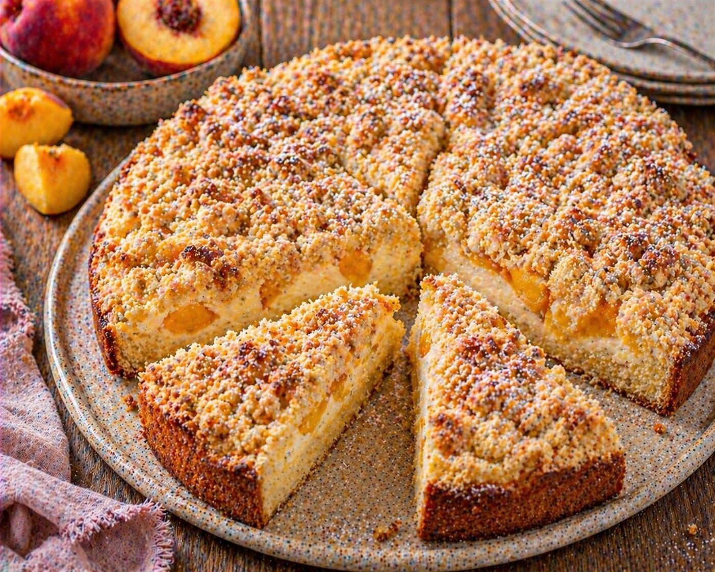 Pfirsich-Vanille-Crumble-Kuchen mit cremiger heller Füllung, Pfirsichstücken und goldbraunen Mandelstreuseln