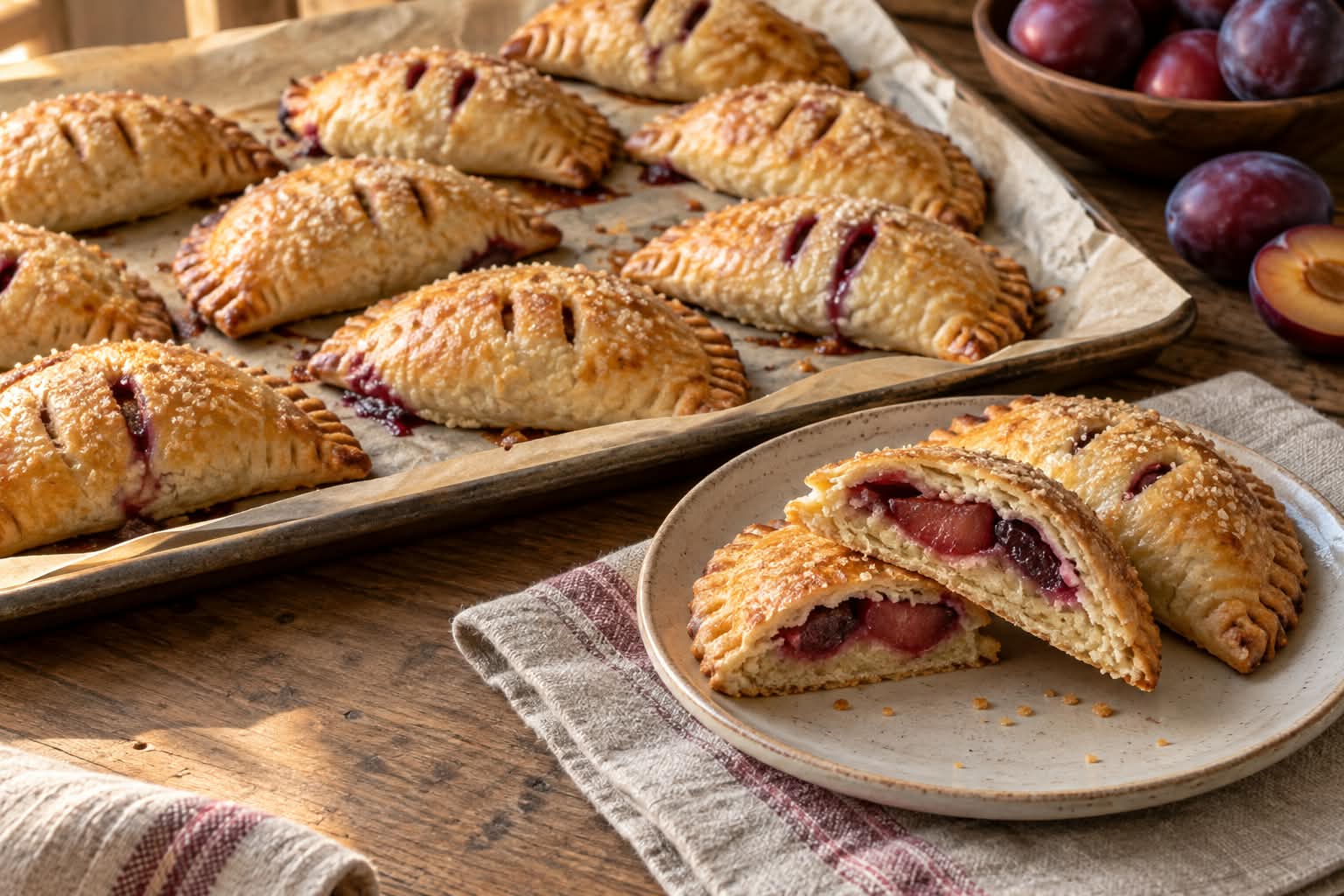 Goldbraune Pflaumen-Frangipane-Handpies mit Gabelrand, Dampfschlitzen, grobem Zucker und sichtbarer Pflaumen-Mandel-Füllung