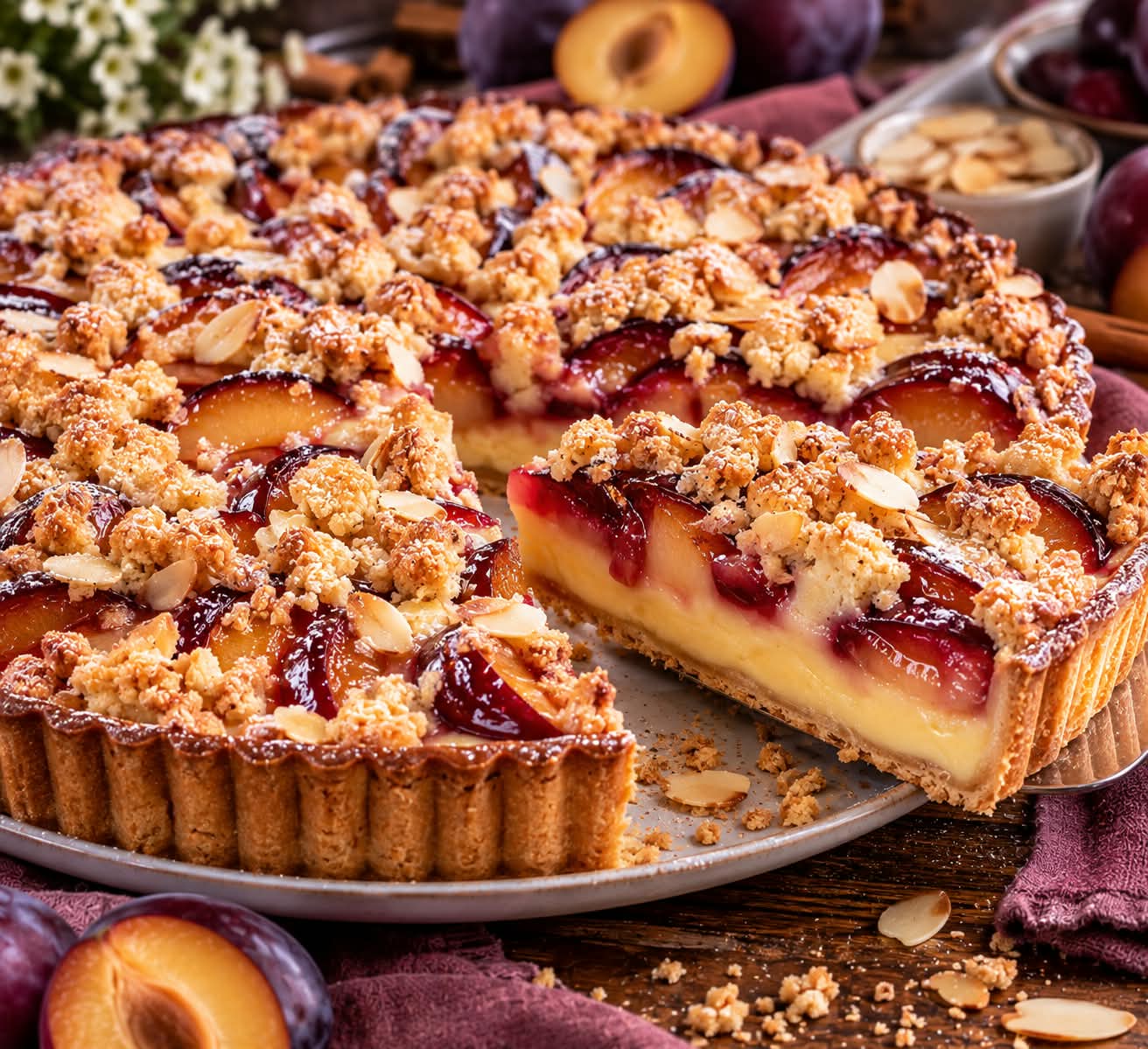 Pflaumen-Pudding-Tarte mit gebräunten Mandelstreuseln, roten Pflaumen und cremigem Vanillepudding im angeschnittenen Stück.