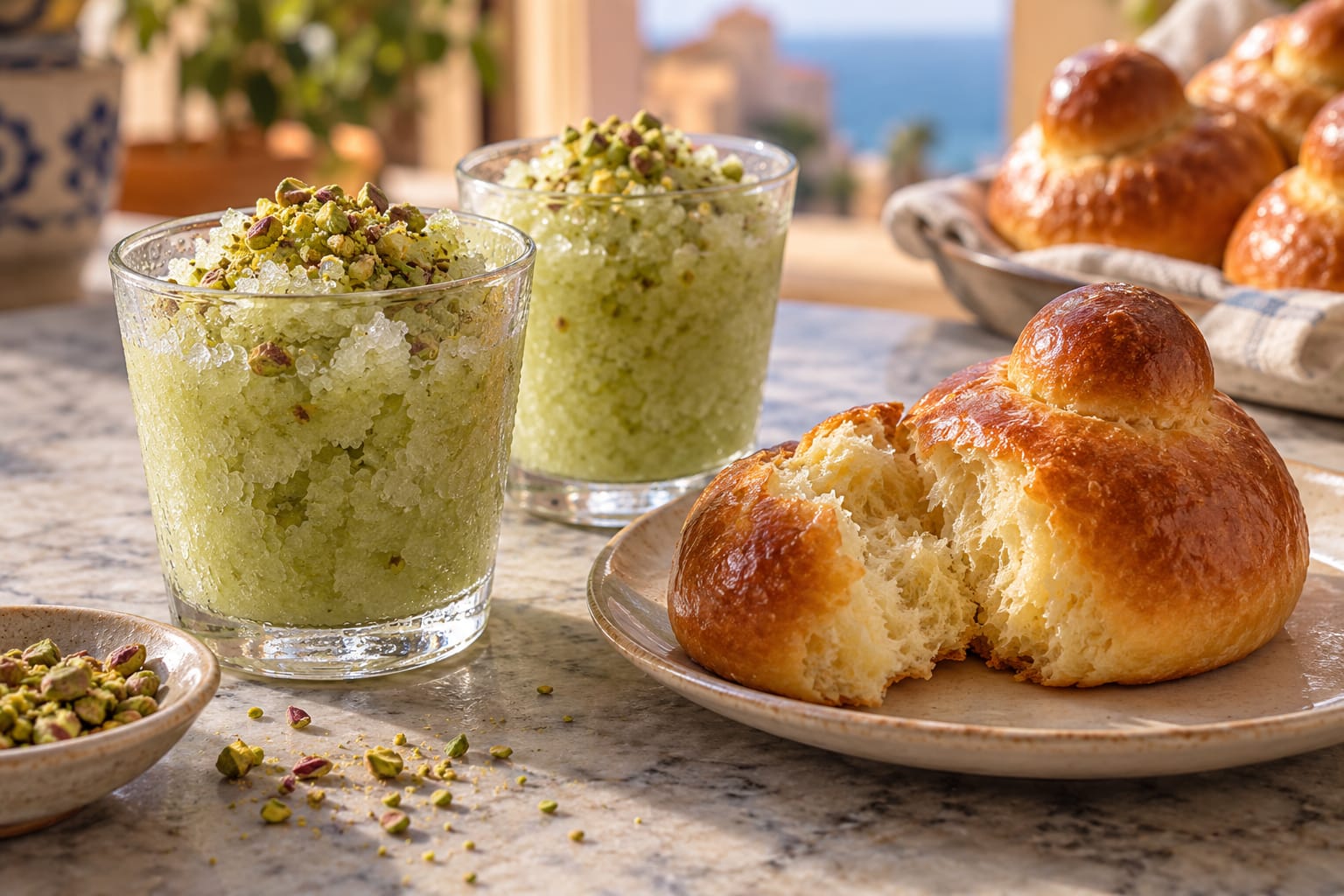 Zwei mittelgroße Gläser hellgrüne Pistazien-Granita mit großzügig gehackten Pistazien neben einer aufgebrochenen goldbraunen Brioche mit Tuppo