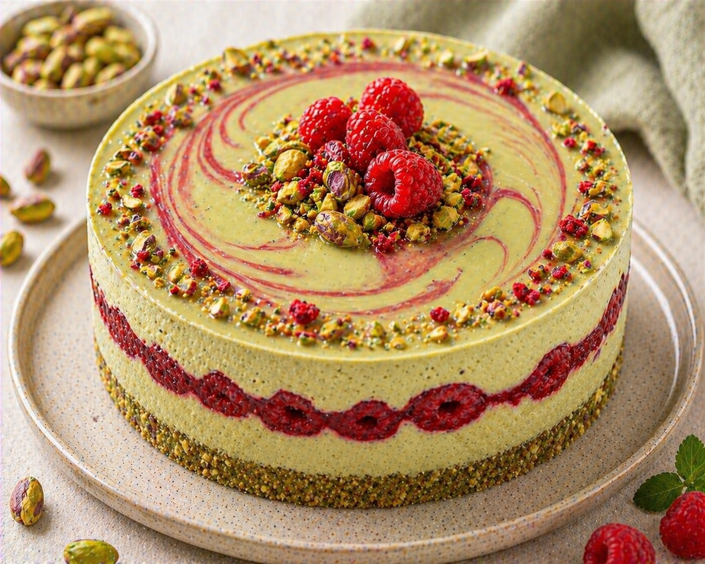 Pistazien-Himbeer-Cheesecake mit Pistazien-Crunch-Boden, sichtbarer Himbeerschicht, Himbeer-Swirl, frischen Himbeeren und Pistazien