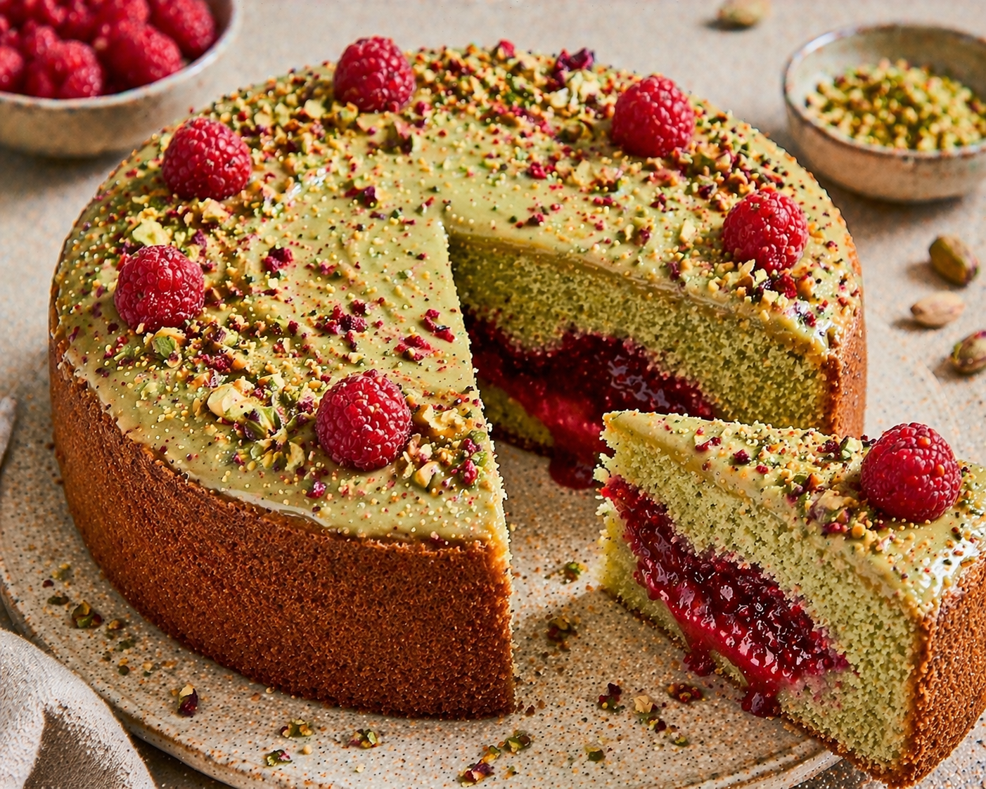 Pistazien-Himbeer-Kuchen mit hoher oberer Pistazienlage, üppiger Himbeerfüllung, Pistazienglasur, frischen Himbeeren und gehackten Pistazien