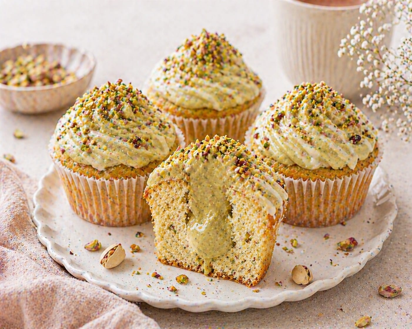 Pistazien-Muffins mit cremig fließendem Pistazienkern, hohem Pistazien-Topping und gehackten Pistazien