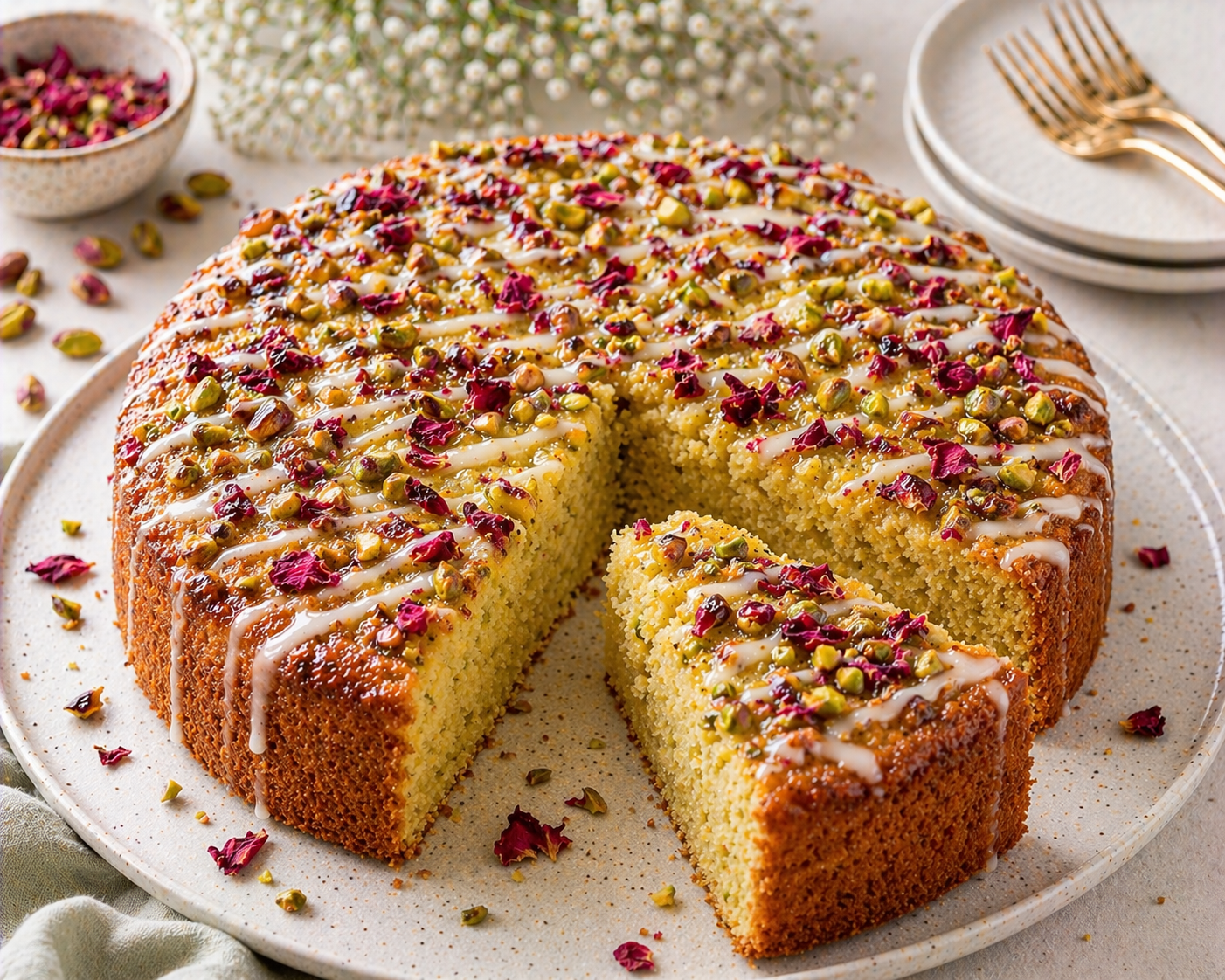 Pistazien-Rosenkuchen mit goldbraunem Rand, feinem weißem Drizzle, gehackten Pistazien und getrockneten Rosenblüten