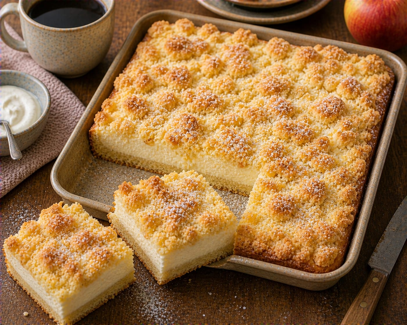 Quark-Streusel-Blechkuchen mit hoher cremiger Quarkfüllung, groben goldbraunen Butterstreuseln und feinem Puderzucker