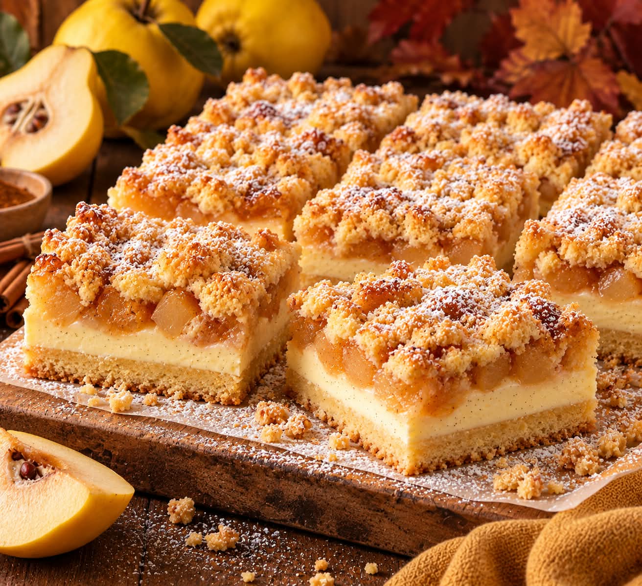 Quitten-Vanille-Streuselschnitten mit kräftigem mürbem Boden, dicker heller Vanillecreme, goldenen Quittenstücken, knusprigen Streuseln und wenig Puderzucker