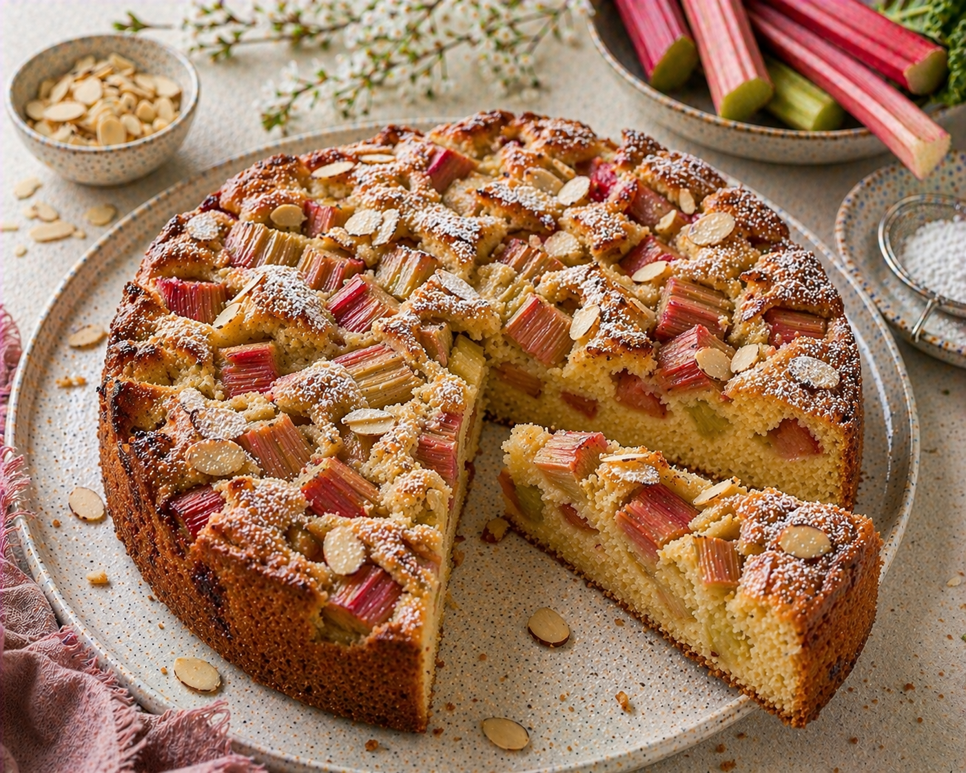 Rhabarber-Mandel-Kuchen mit sichtbaren Rhabarberstücken, Mandelblättchen und feinem Puderzucker