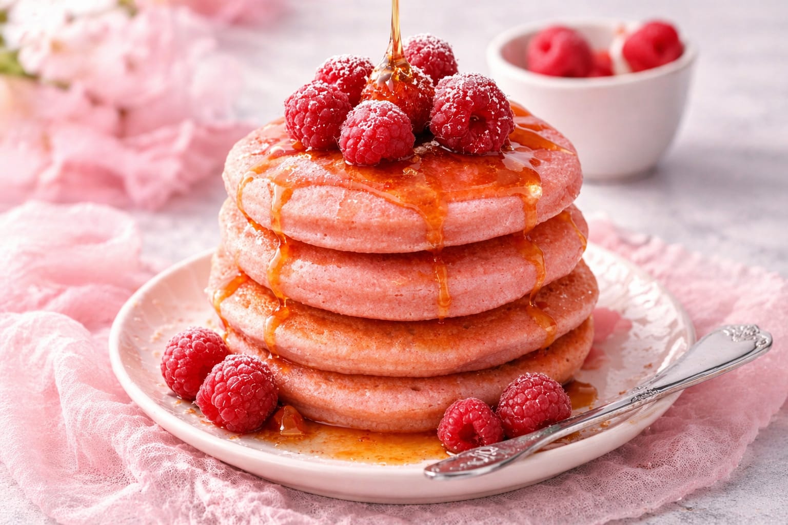 Stapel rosa Pancakes mit frischen Himbeeren, Puderzucker und goldenem Sirup