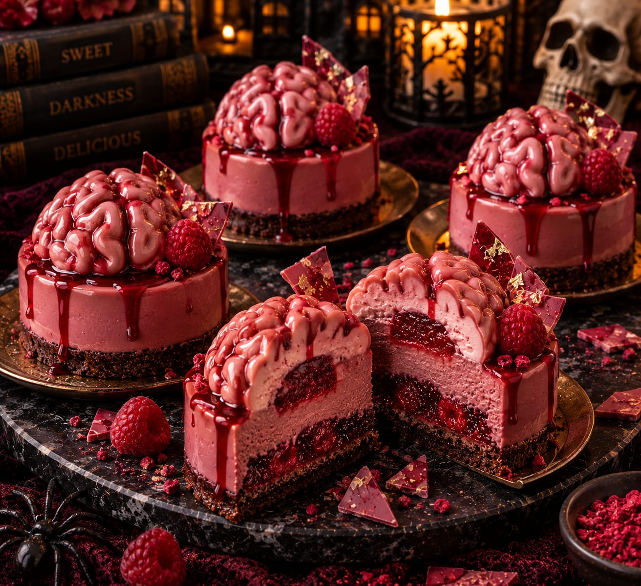 Ruby-Schoko-Himbeer-Gehirn-Törtchen mit Himbeerfüllung, hellrosa Mousse-Gehirnen, rotem Drip und Ruby-Schokoladenscherben