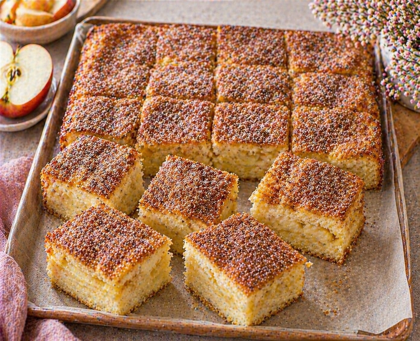 Hohe quadratische Apfel-Quark-Blechkuchen-Schnitten mit goldbrauner Oberfläche