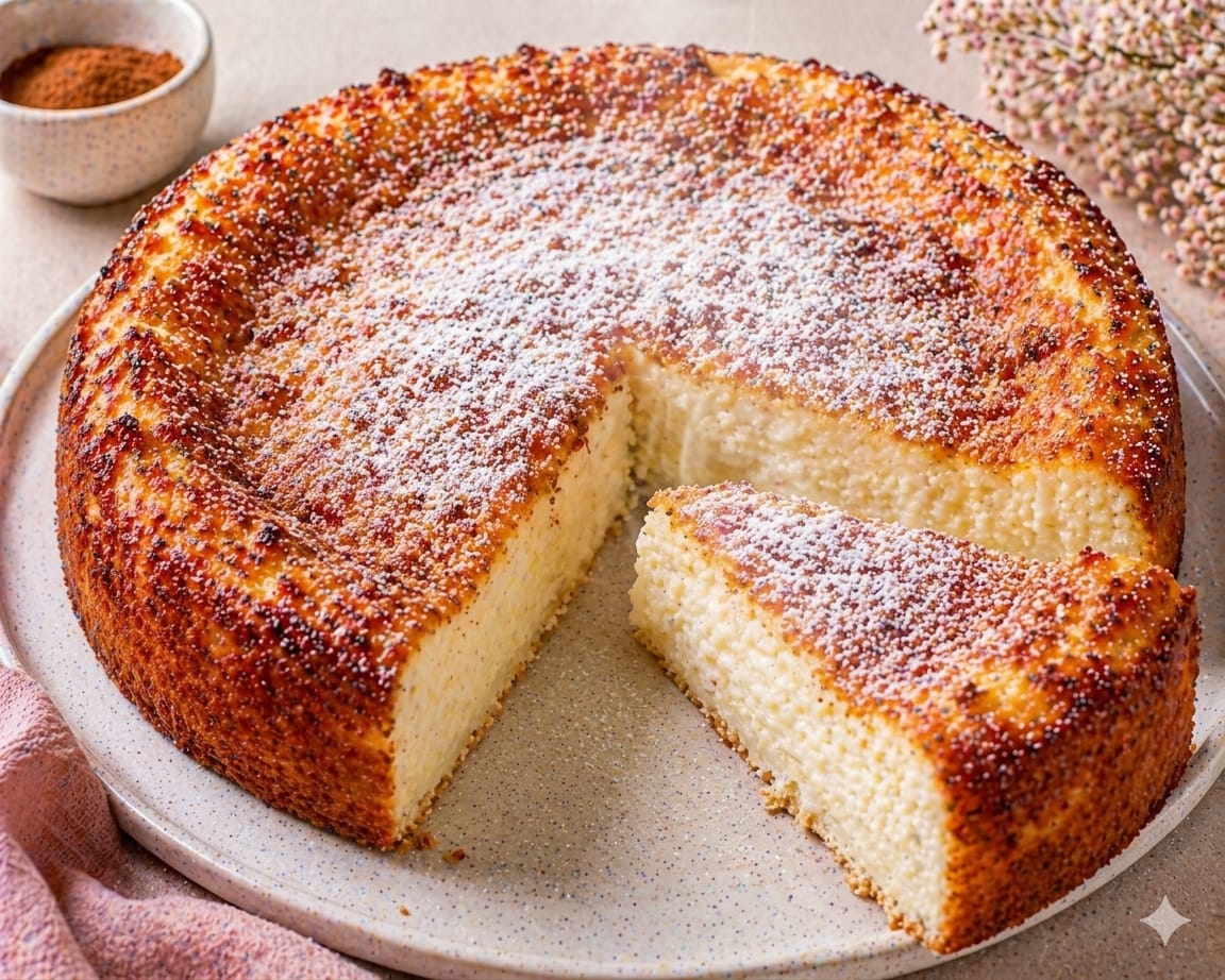 Hoher runder Grieß-Quark-Kuchen ohne Boden mit kräftig goldbrauner Oberfläche und Puderzucker