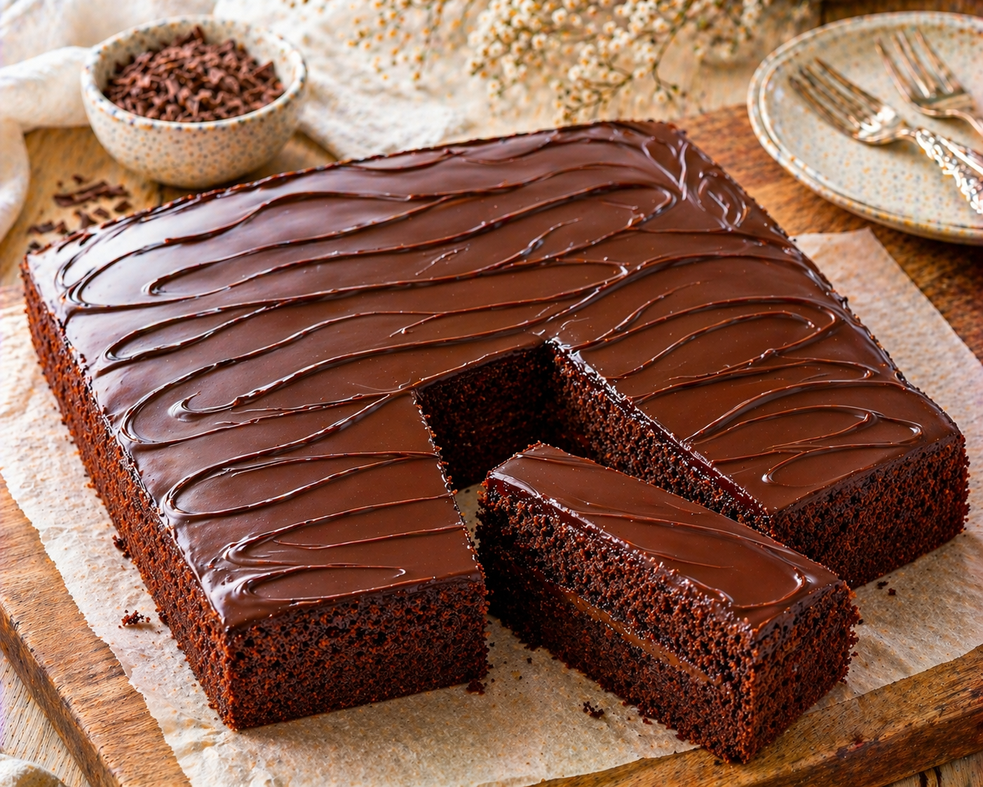 Rechteckiger Schokokuchen mit dünner karamellbrauner Cremeschicht, glänzender Schokoganache und geschwungenen dunklen Schoko-Linien