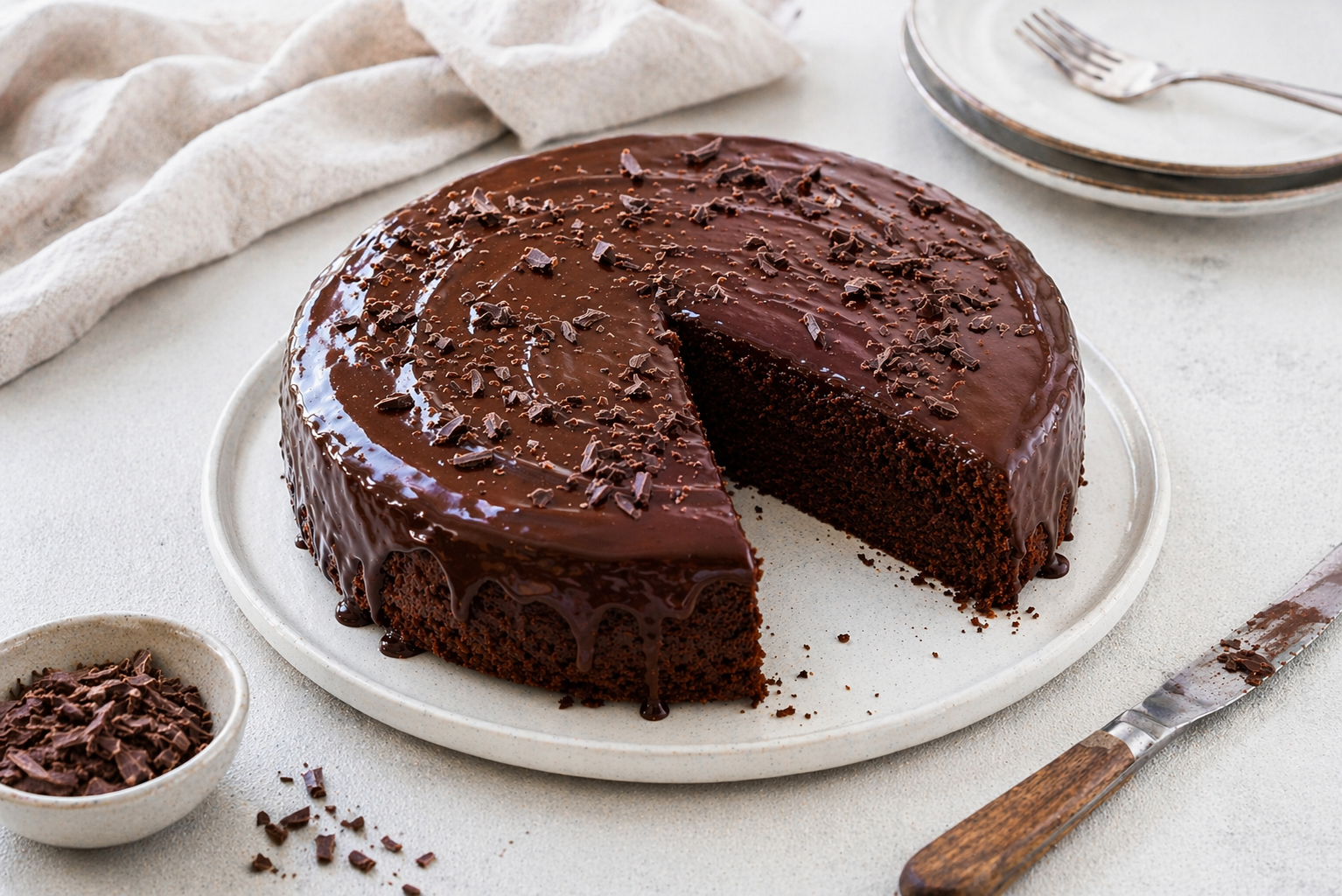 Runder saftiger Schokokuchen mit glänzender Ganache, Schoko-Drips und locker verteilten Schokoraspeln