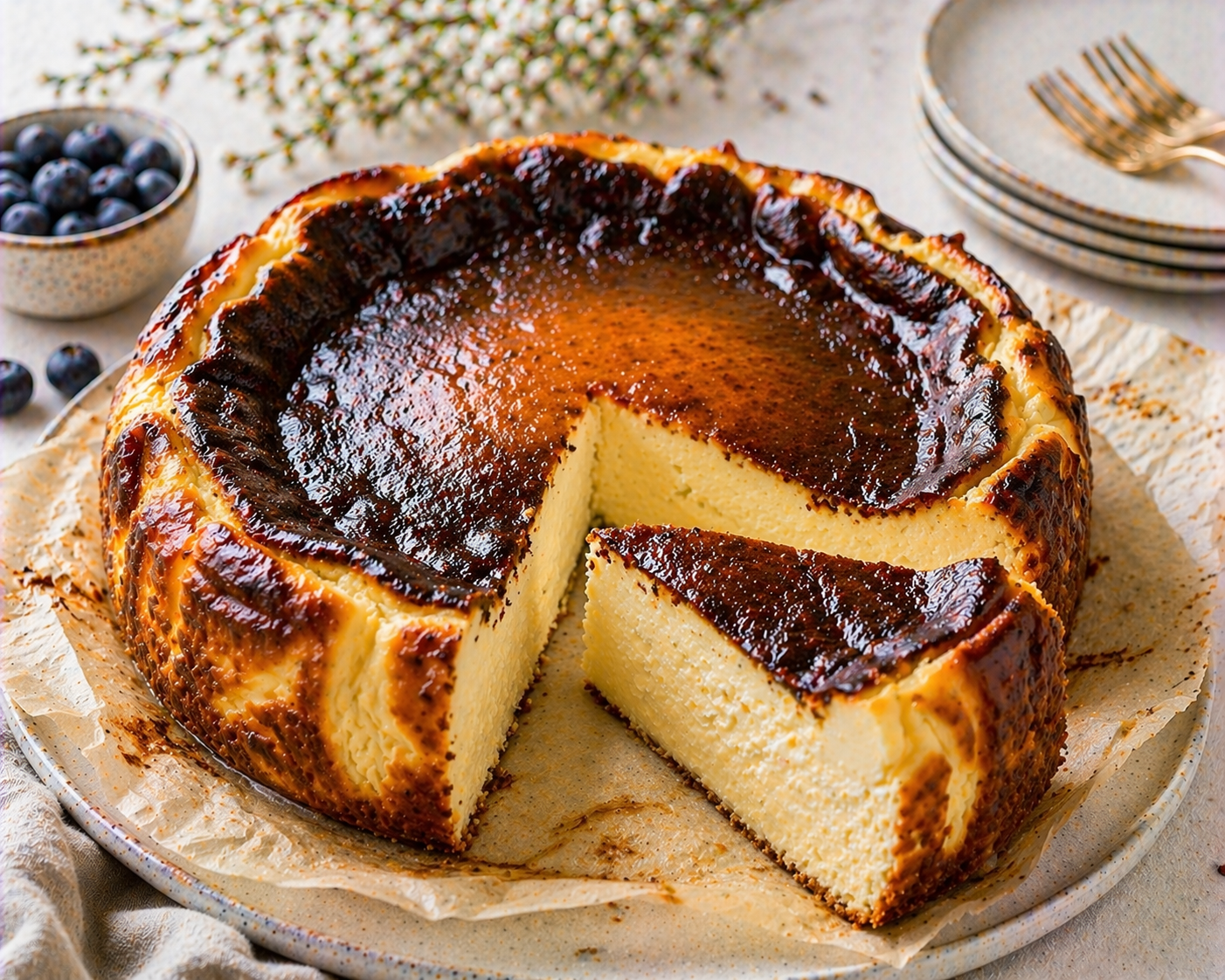 San Sebastian Cheesecake mit karamellbrauner Oberfläche, dunklem Rand und heller cremiger Mitte