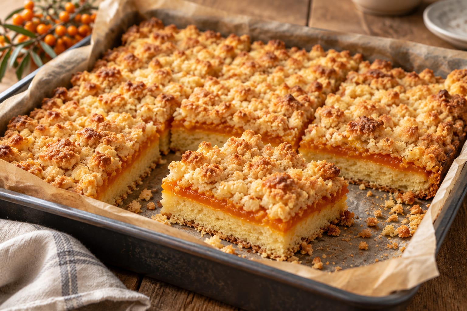 Sanddorn-Vanille-Blechkuchen mit heller Rührteigschicht, orangefarbener Sanddornfüllung und goldbraunen Butterstreuseln