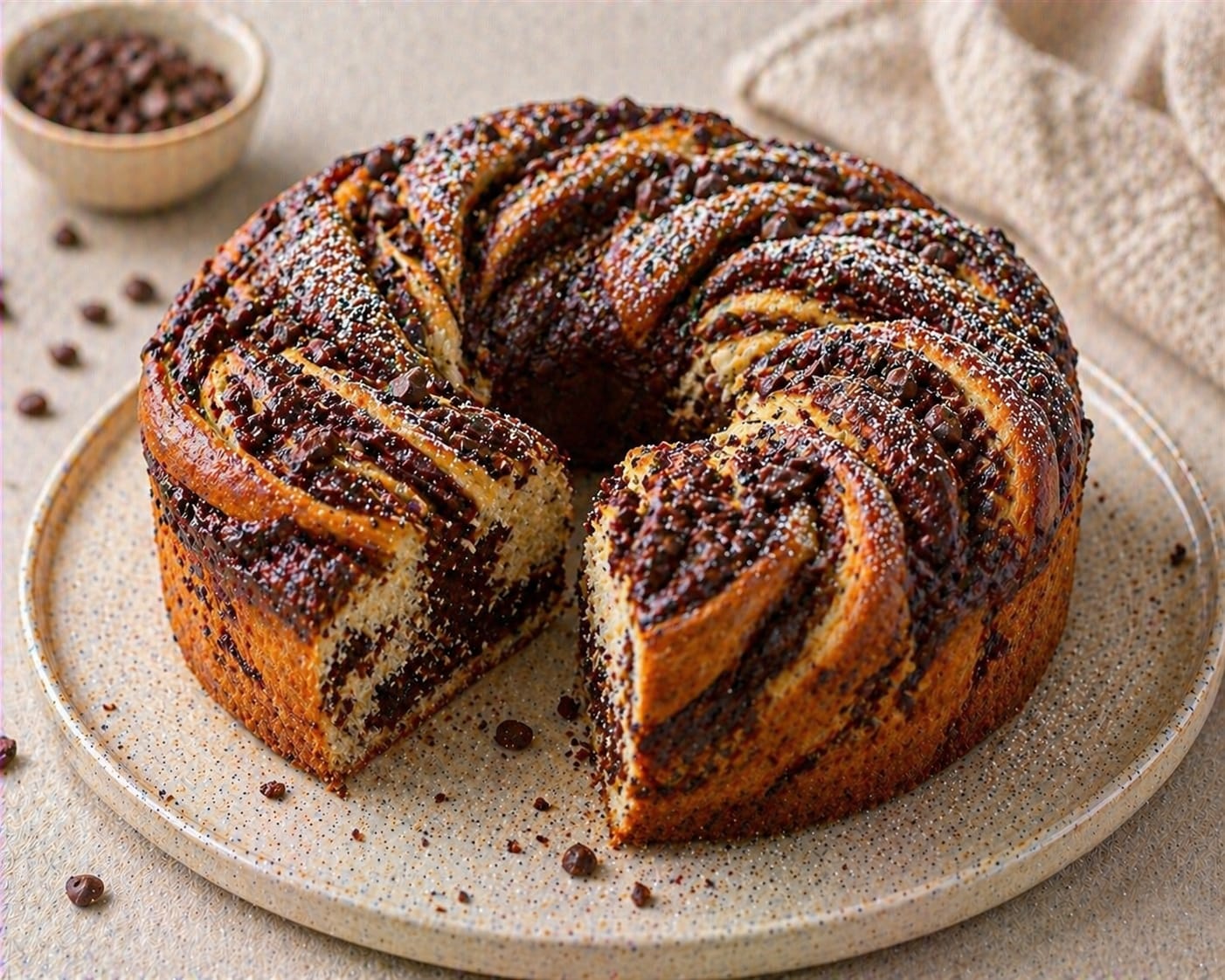 Saftiger Schoko-Babka Kranz mit gedrehtem Hefeteig, dunklen Schoko-Wirbeln und glänzender Oberfläche