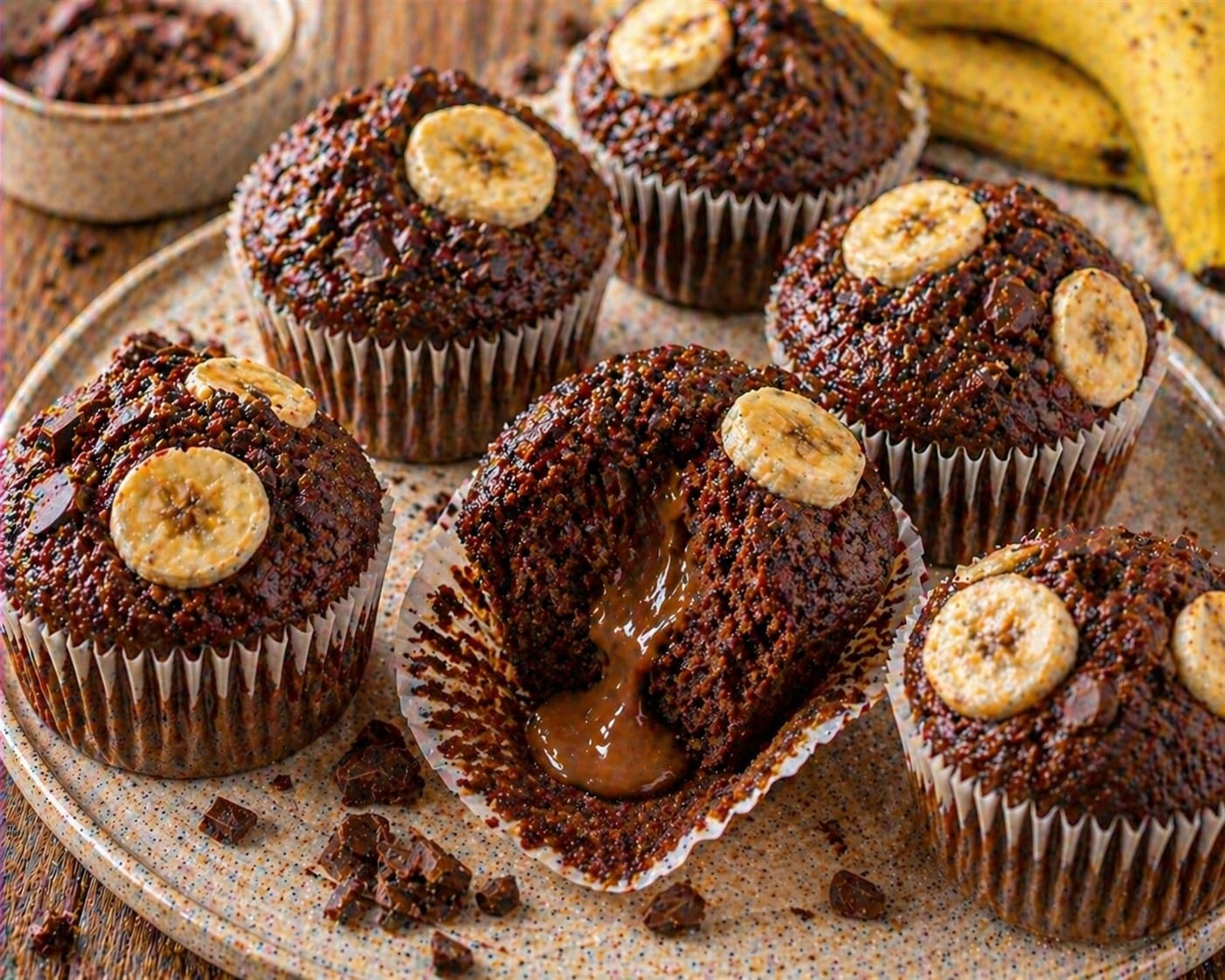 Schoko-Banane Karamell Muffins mit weichem Karamellkern, Schokostückchen und Bananenscheiben