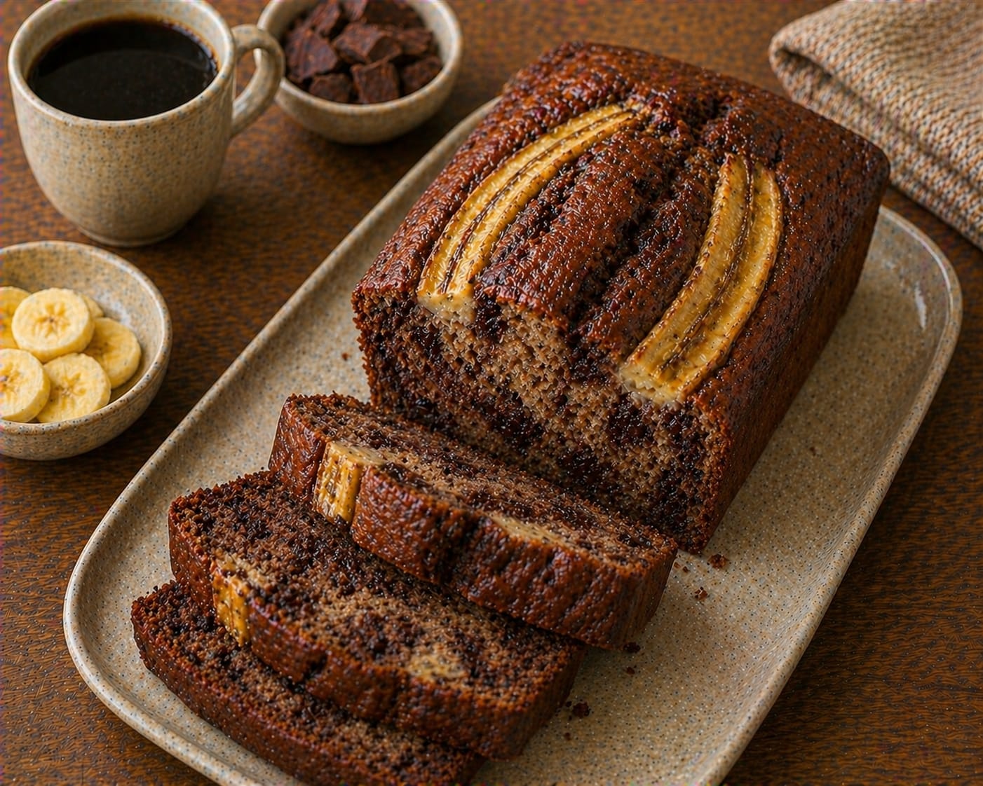Schoko-Bananen-Kastenkuchen mit dunkler, saftiger Krume, Schokostückchen und zwei längs aufgelegten, karamellisierten Bananenhälften