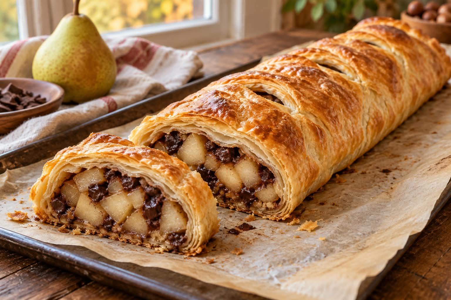 Goldbrauner Schoko-Birnen-Strudel aus knusprigem Blätterteig mit sichtbaren Birnenstücken und dunkler Schokolade im Anschnitt