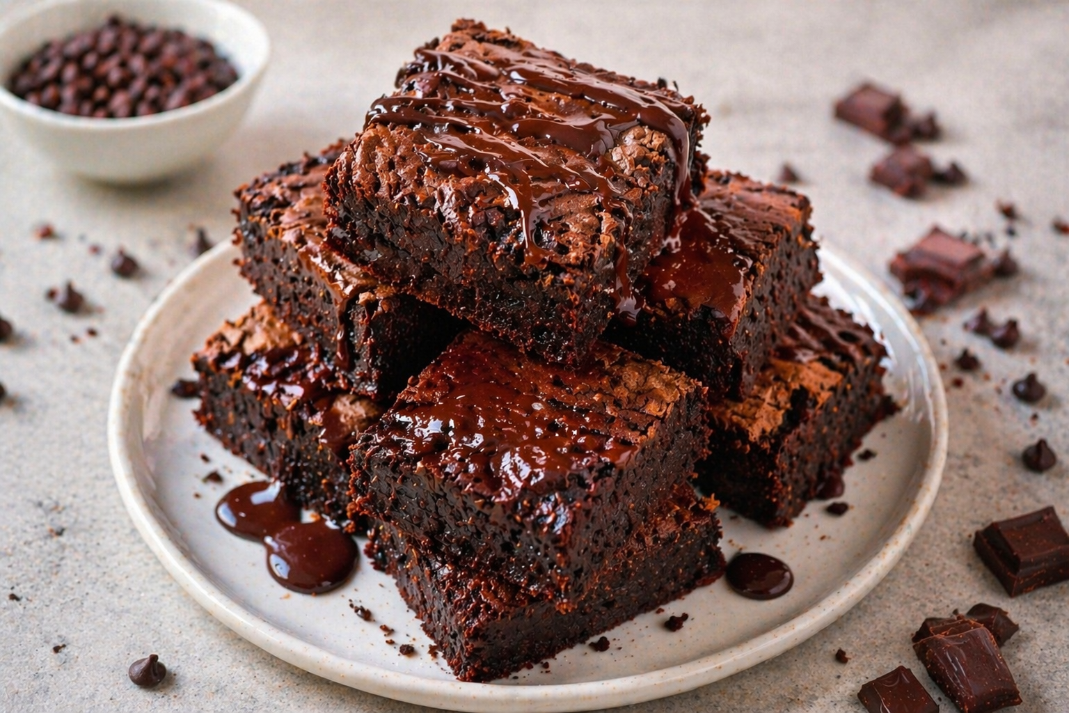 Fudgy Schoko Brownies mit dichter dunkler Krume, rissiger Oberfläche, Schokostückchen und glänzendem Schoko-Drizzle