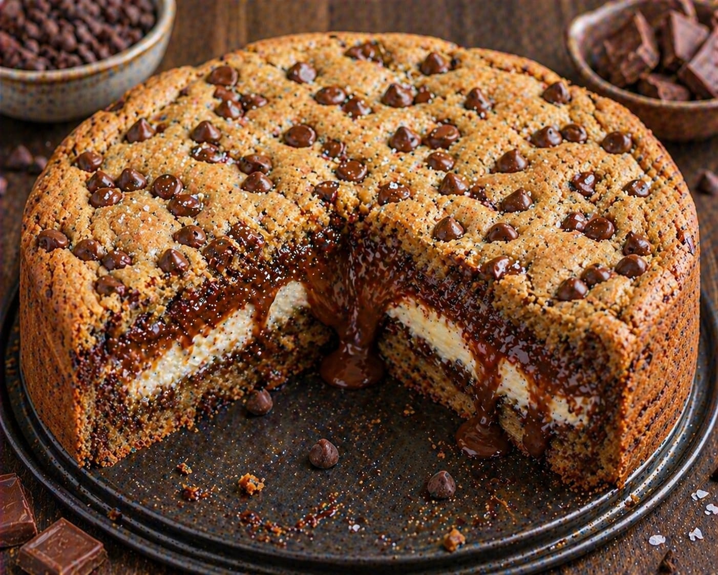 Schoko-Cookie-Cheesecake mit kräftiger goldbrauner Cookie-Hülle, heller Cheesecake-Schicht und weicher Schokoladenfüllung