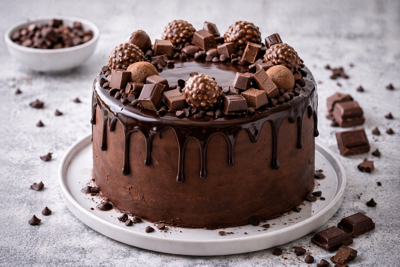 Hoher Schoko Drip Cake mit glatter dunkler Ganache, glänzendem Schoko-Drip und dekorativem Schokokranz