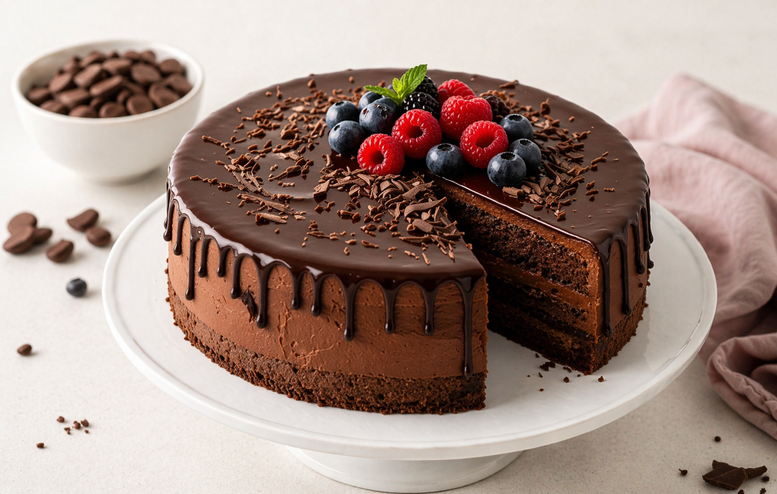 Schoko-Drip-Torte mit Schokofüllung, glänzendem Drip, Schokoraspeln und frischen Beeren