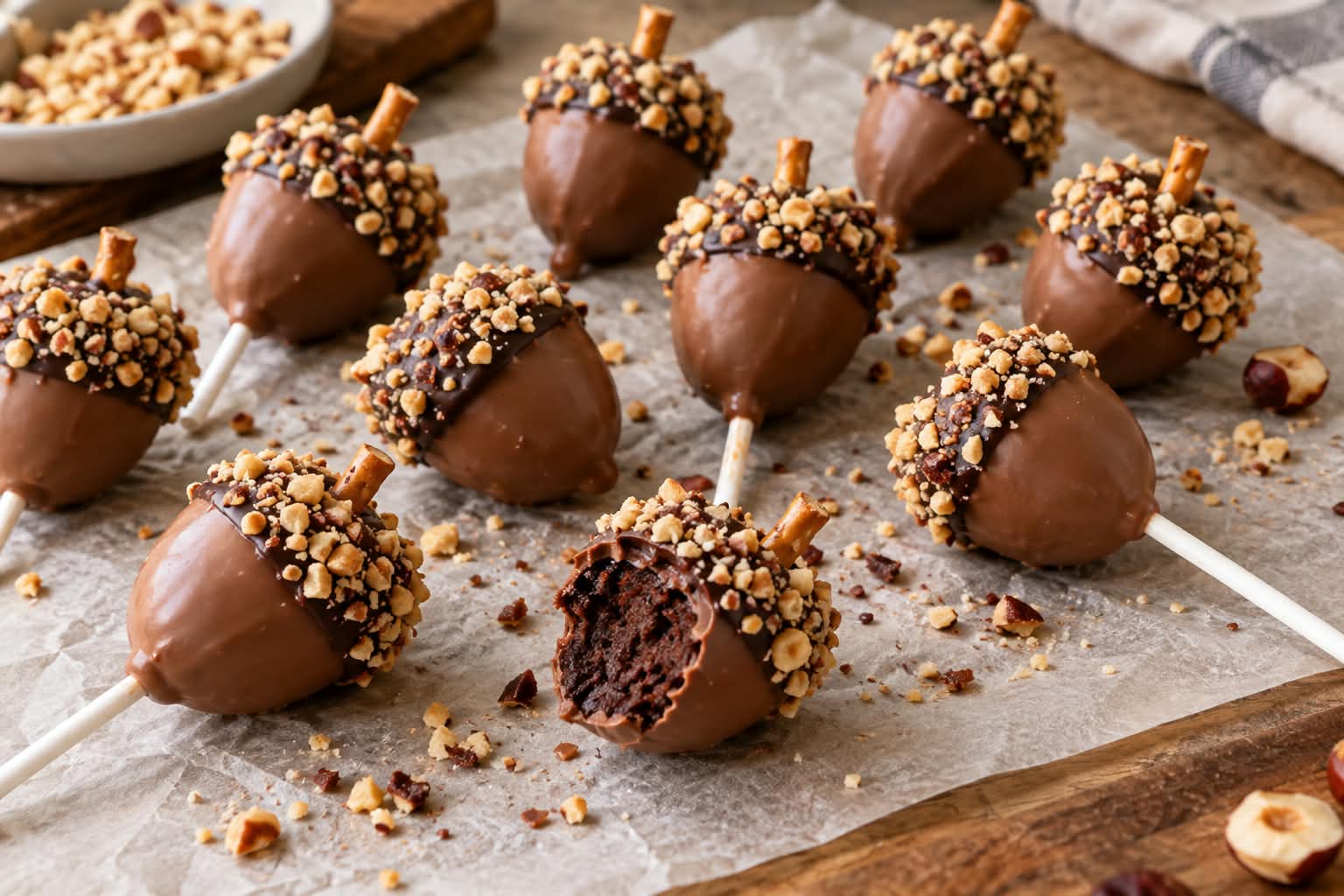 Schoko-Eichel-Cake-Pops mit Vollmilchschokohülle, dunkler Schokokappe, mittelgrob gehackten Haselnüssen und Salzbrezel-Stiel