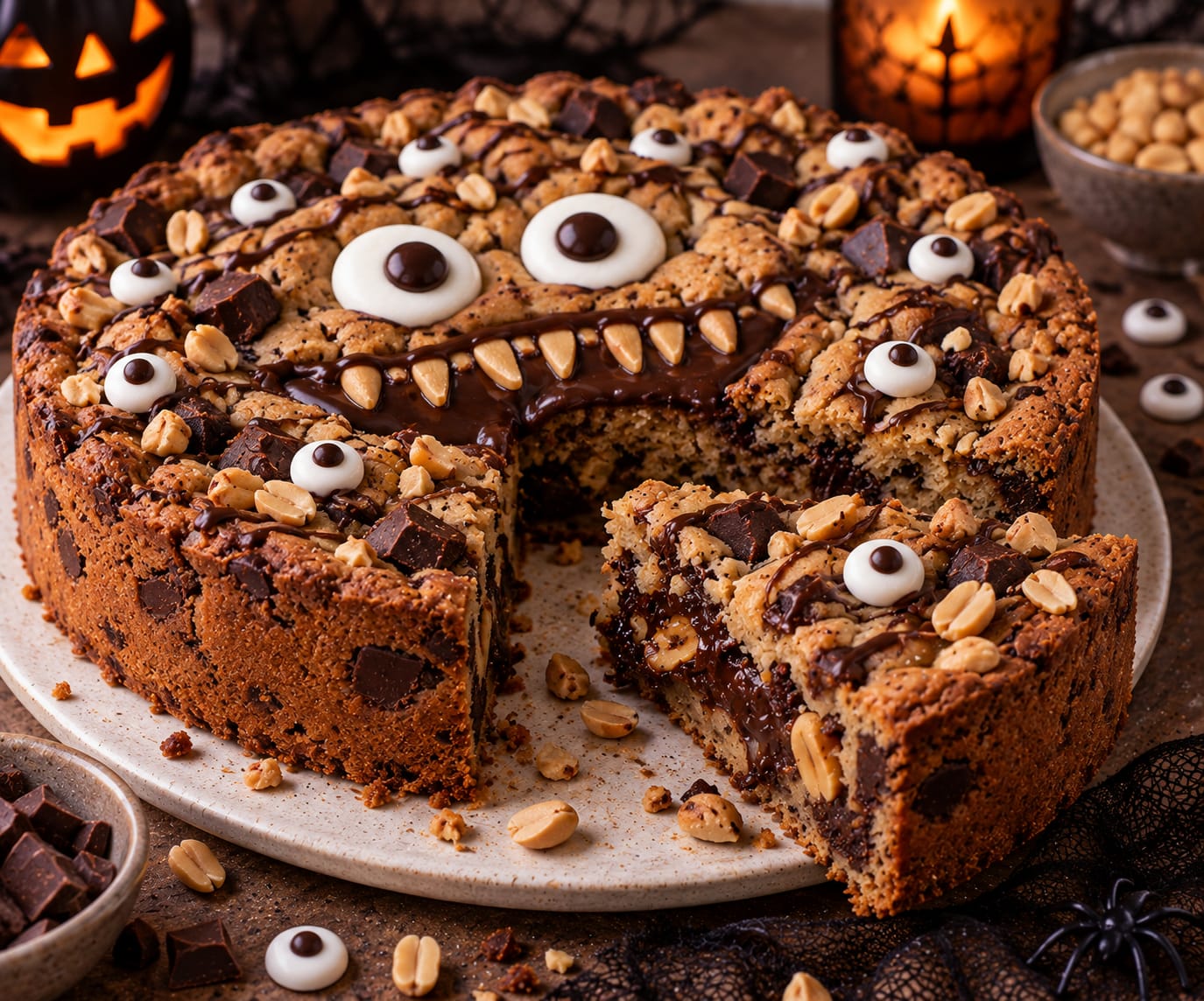 Dicker goldbrauner Schoko-Erdnuss-Cookie-Kuchen mit dunklem Schoko-Erdnuss-Kern, Schokostücken, Erdnüssen und Monster-Dekoration.