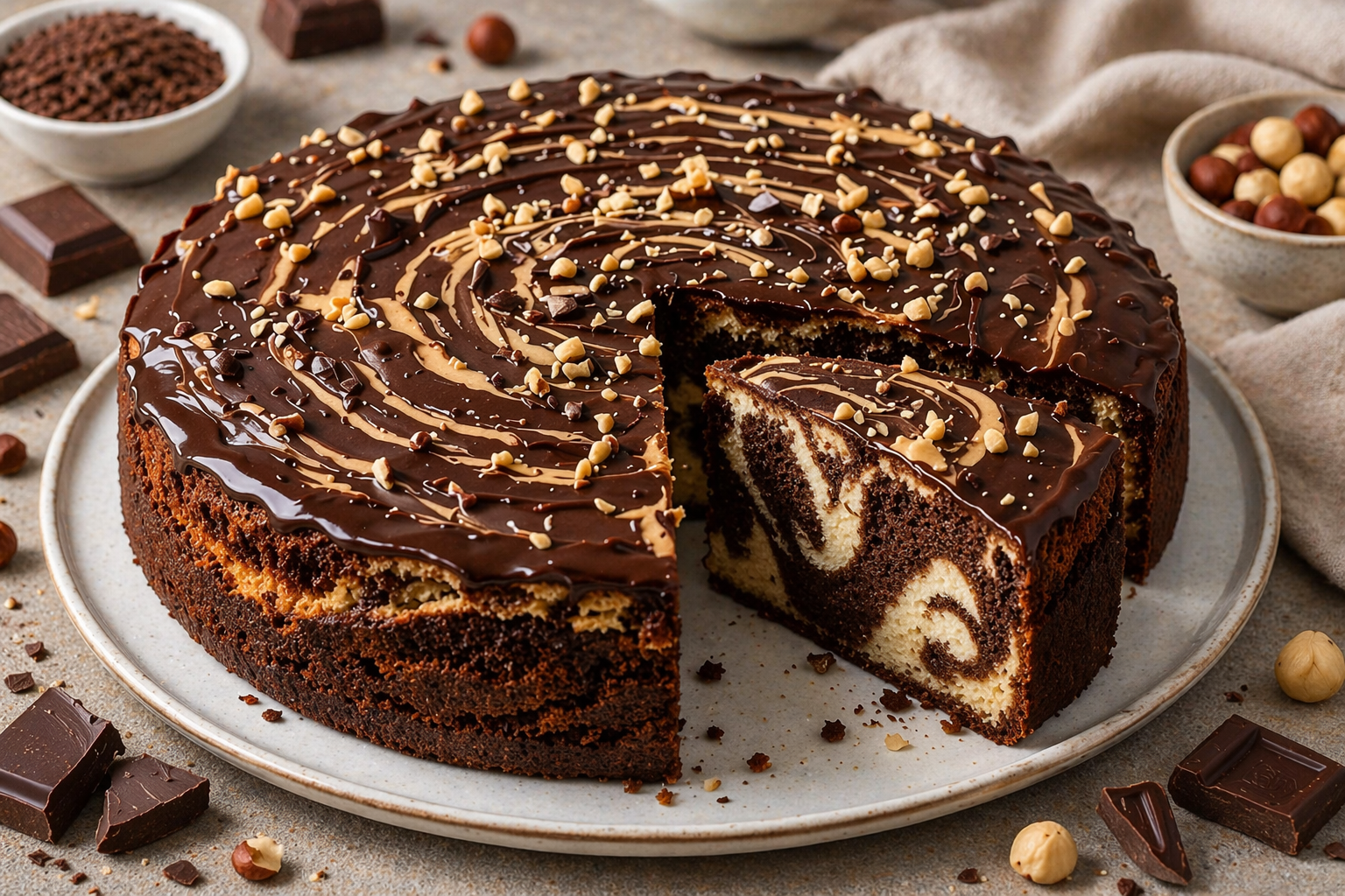 Schoko-Erdnuss-Marmorkuchen mit Schokoglasur, Erdnuss-Swirl, gehackten Erdnüssen und marmoriertem Anschnitt
