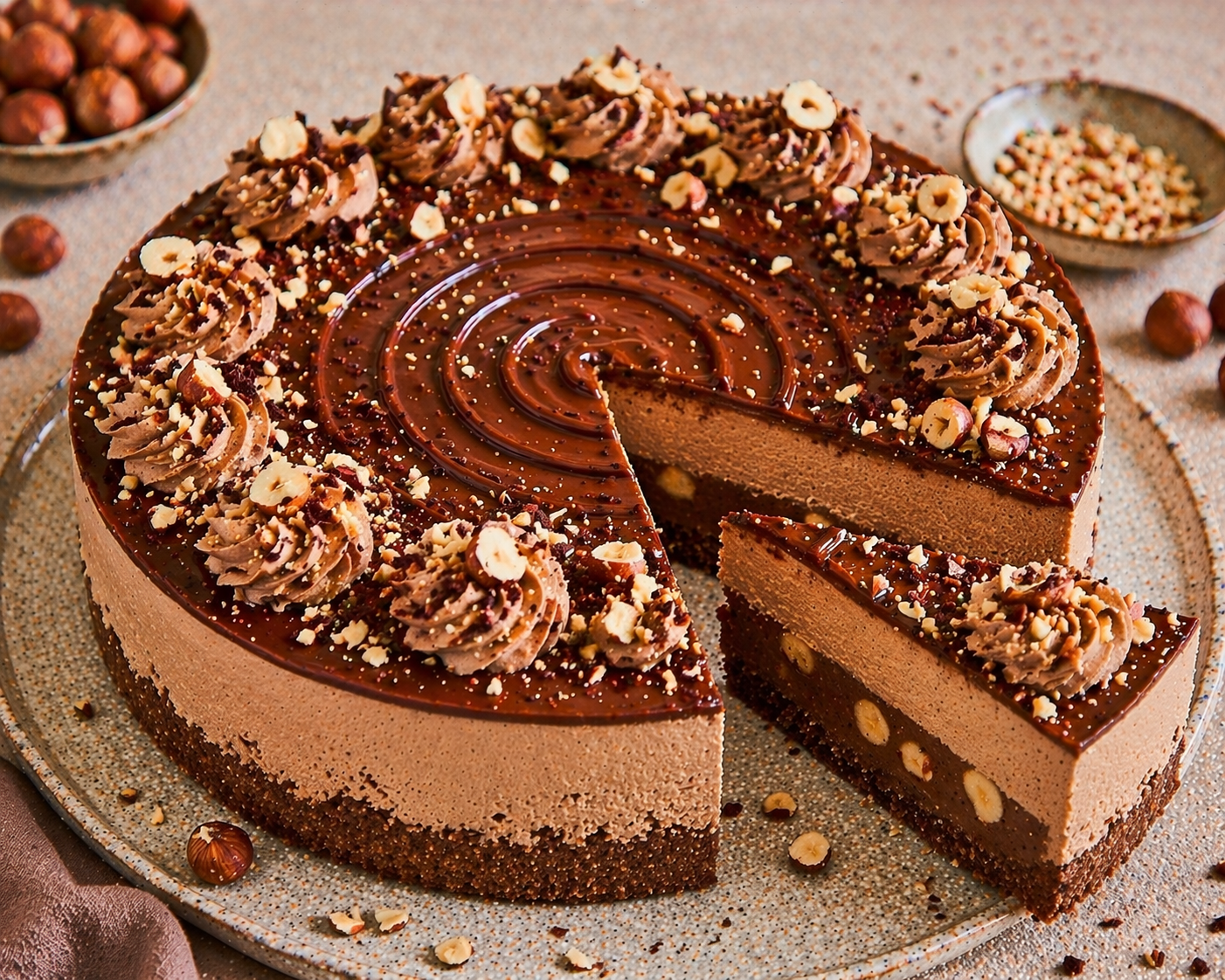Schoko-Haselnuss-Torte mit dunklem Boden, Nougat-Haselnuss-Schicht, heller Schoko-Mousse, glänzender Ganache und Haselnussdekor